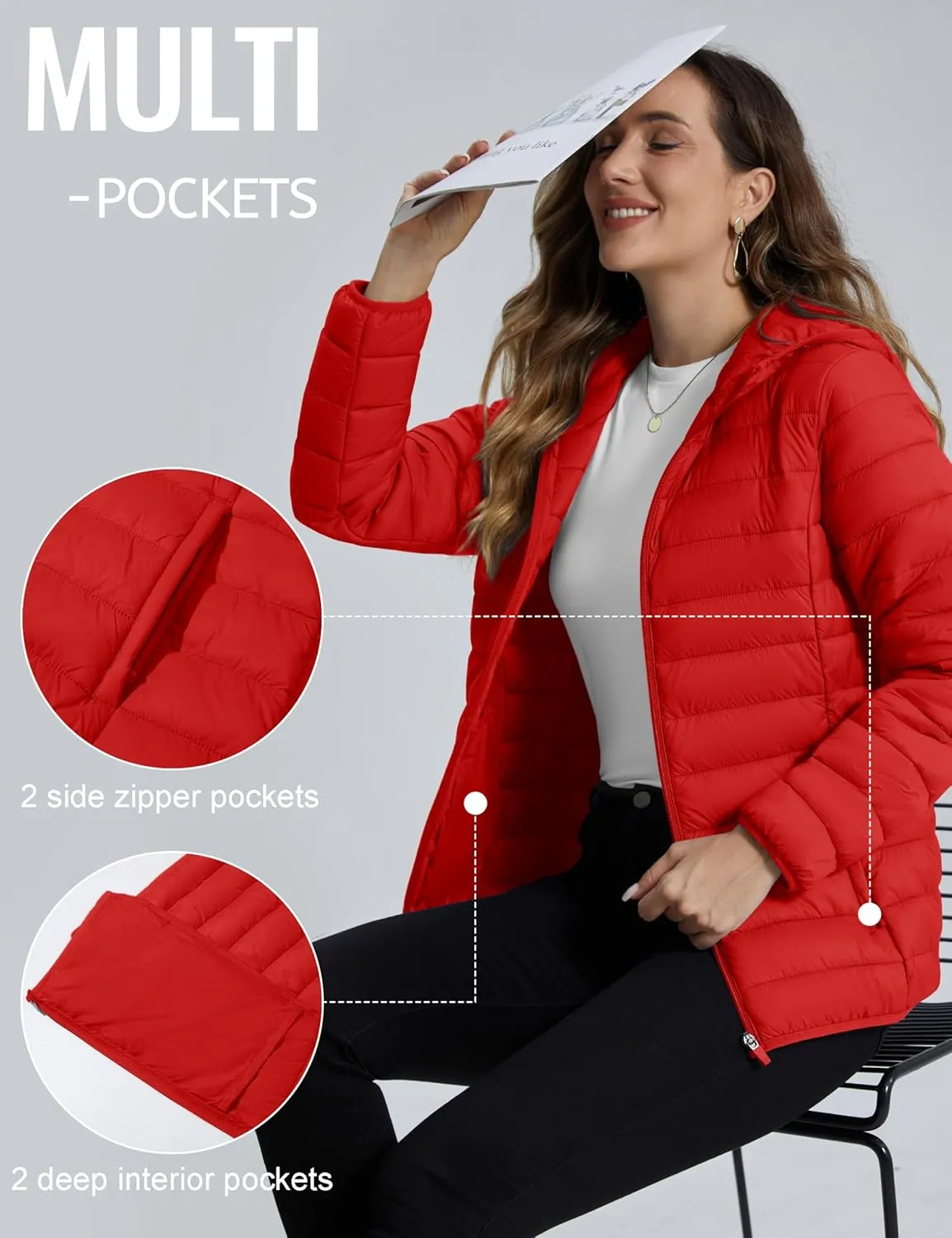 TACVASEN Women's Lightweight Puffer Jacket with Hood Pockets Quilted Padded Full-zip Winter Coat