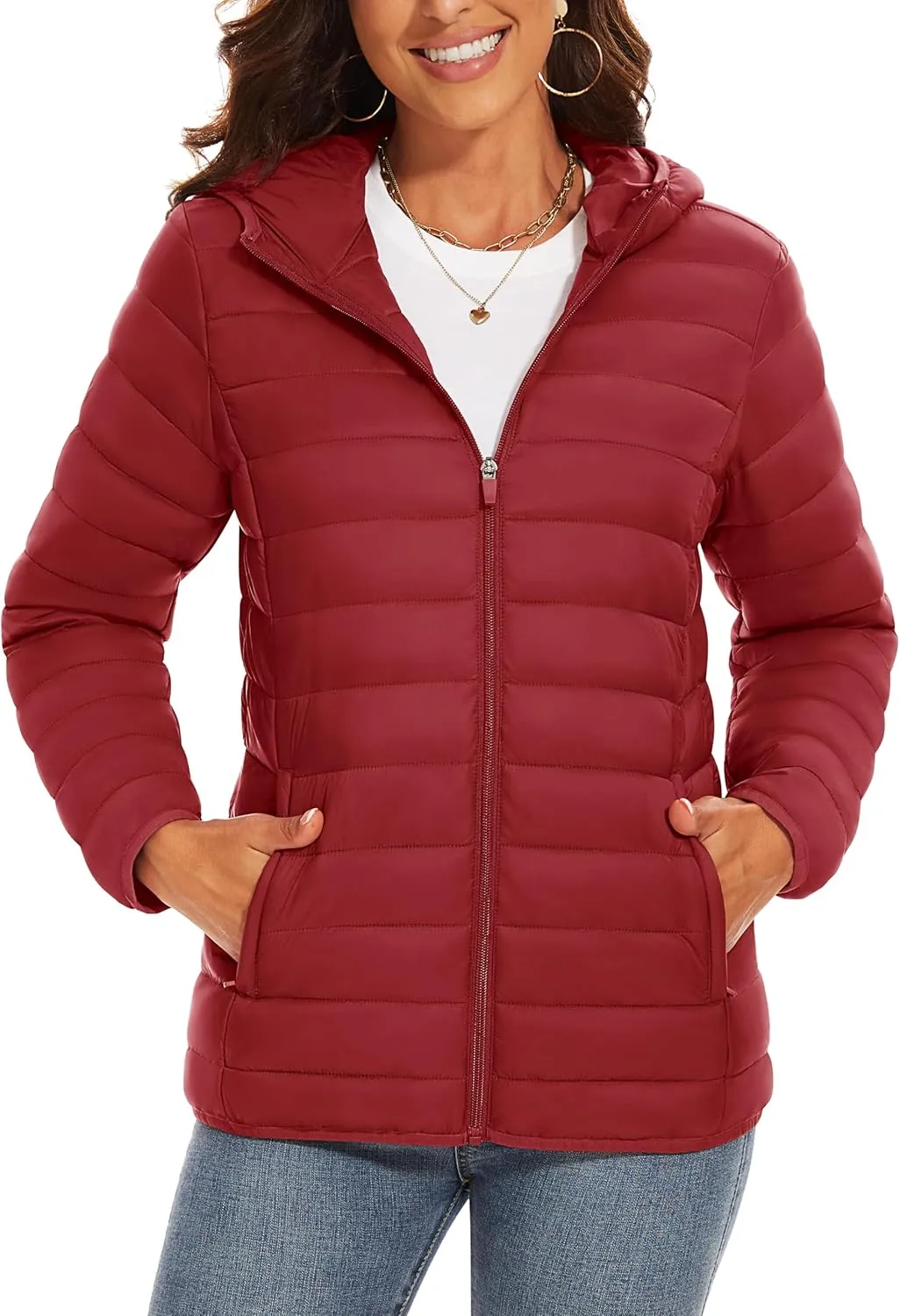 TACVASEN Women's Lightweight Puffer Jacket with Hood Pockets Quilted Padded Full-zip Winter Coat