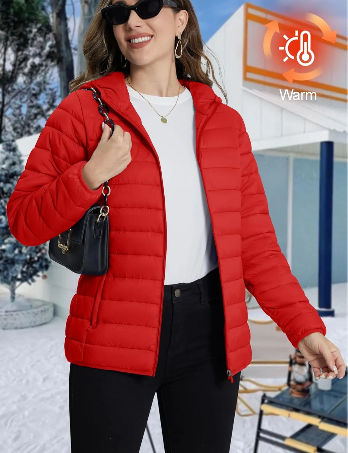 TACVASEN Women's Lightweight Puffer Jacket with Hood Pockets Quilted Padded Full-zip Winter Coat