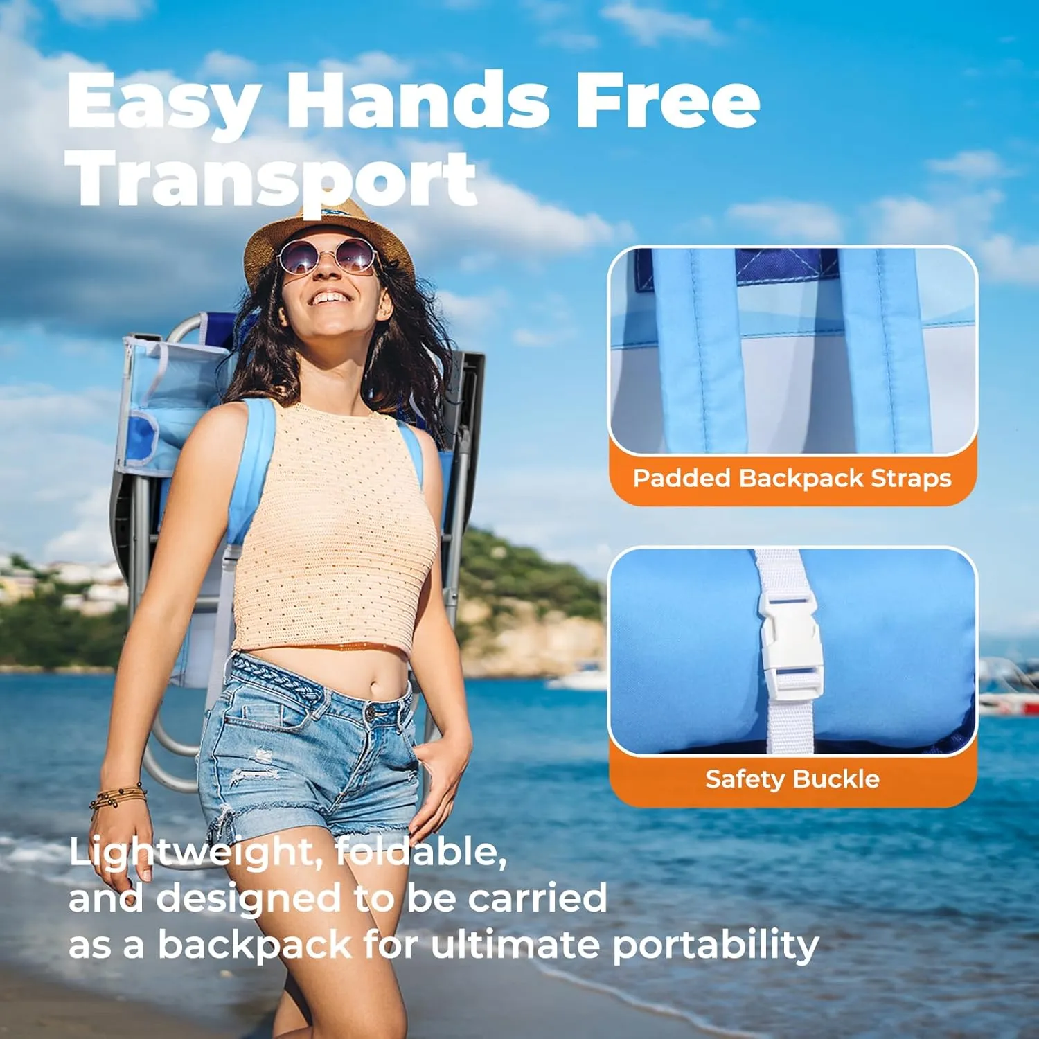 Tall Beach Chairs for Adults – 5-Position Reclining Backpack Chair with Large Insulated Cooler & Storage Pocket, Aluminum Frame, Portable for Travel & Outdoor, Supports 300lbs, Wave Blue