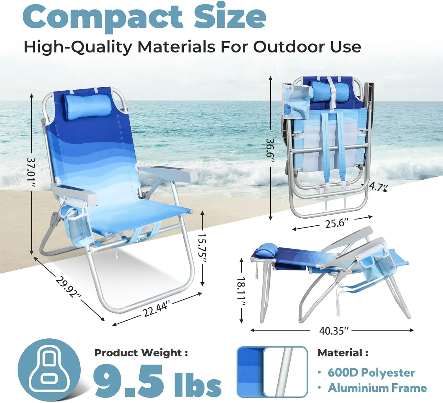 Tall Beach Chairs for Adults – 5-Position Reclining Backpack Chair with Large Insulated Cooler & Storage Pocket, Aluminum Frame, Portable for Travel & Outdoor, Supports 300lbs, Wave Blue