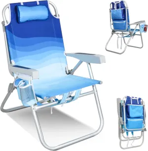 Tall Beach Chairs for Adults – 5-Position Reclining Backpack Chair with Large Insulated Cooler & Storage Pocket, Aluminum Frame, Portable for Travel & Outdoor, Supports 300lbs, Wave Blue