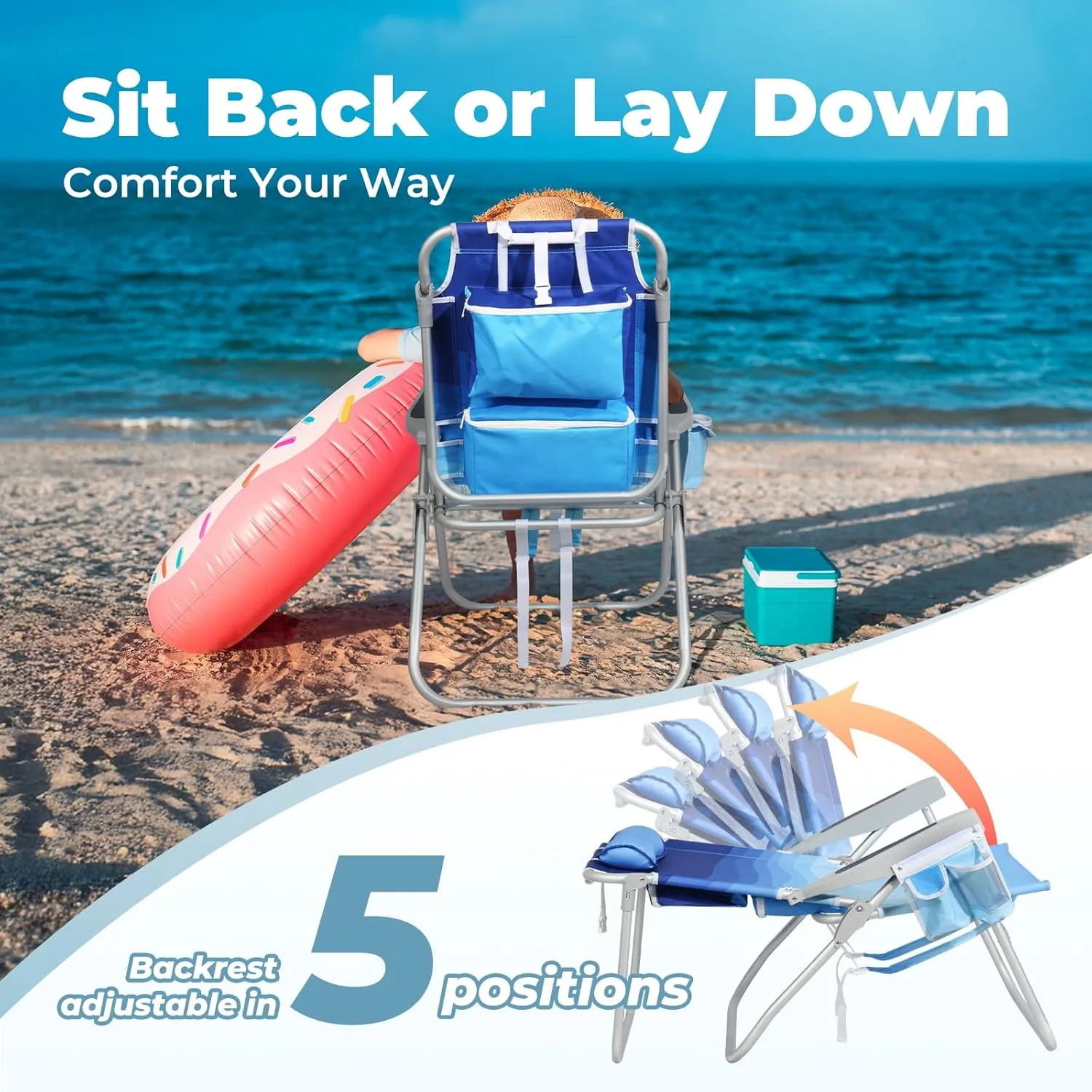 Tall Beach Chairs for Adults – 5-Position Reclining Backpack Chair with Large Insulated Cooler & Storage Pocket, Aluminum Frame, Portable for Travel & Outdoor, Supports 300lbs, Wave Blue