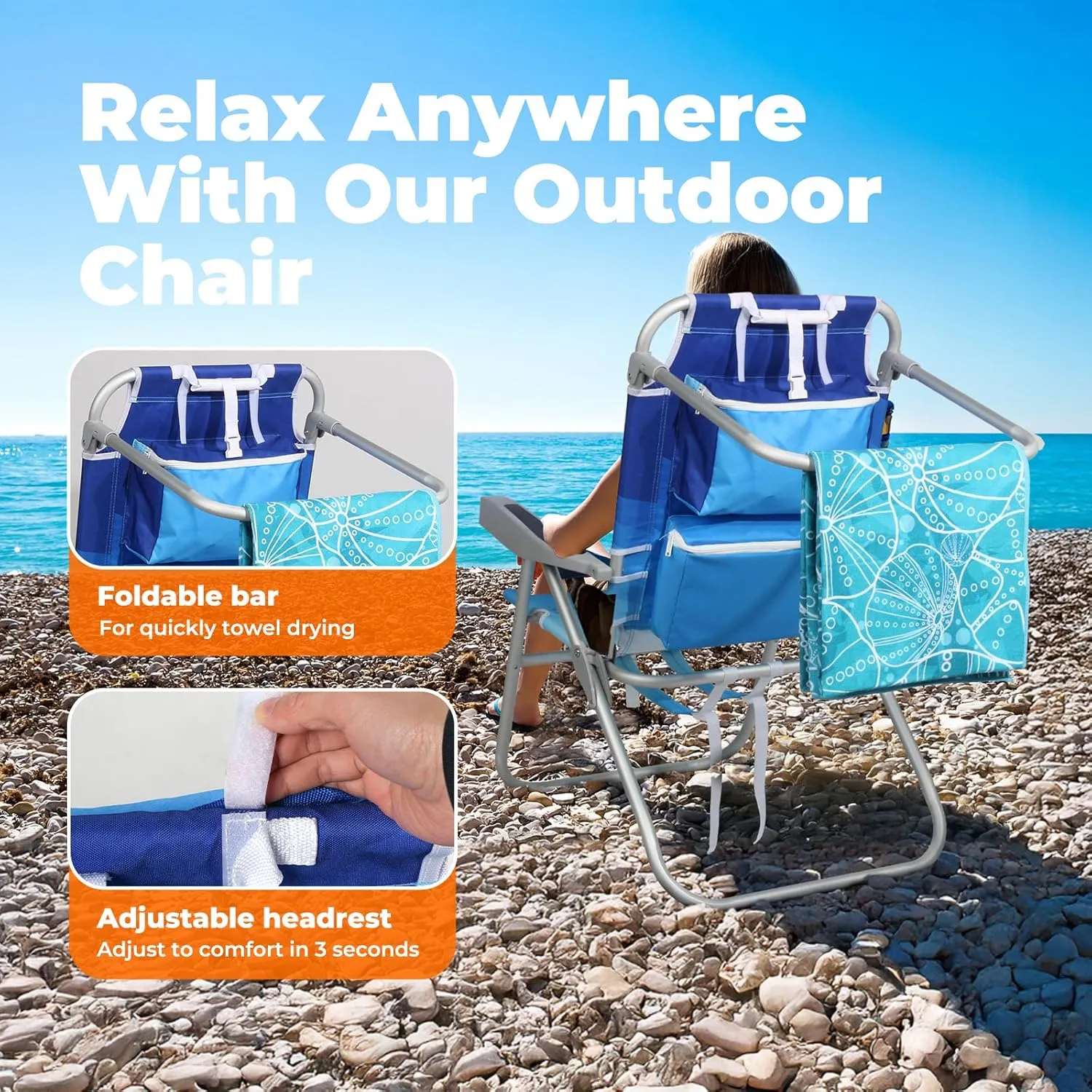 Tall Beach Chairs for Adults – 5-Position Reclining Backpack Chair with Large Insulated Cooler & Storage Pocket, Aluminum Frame, Portable for Travel & Outdoor, Supports 300lbs, Wave Blue