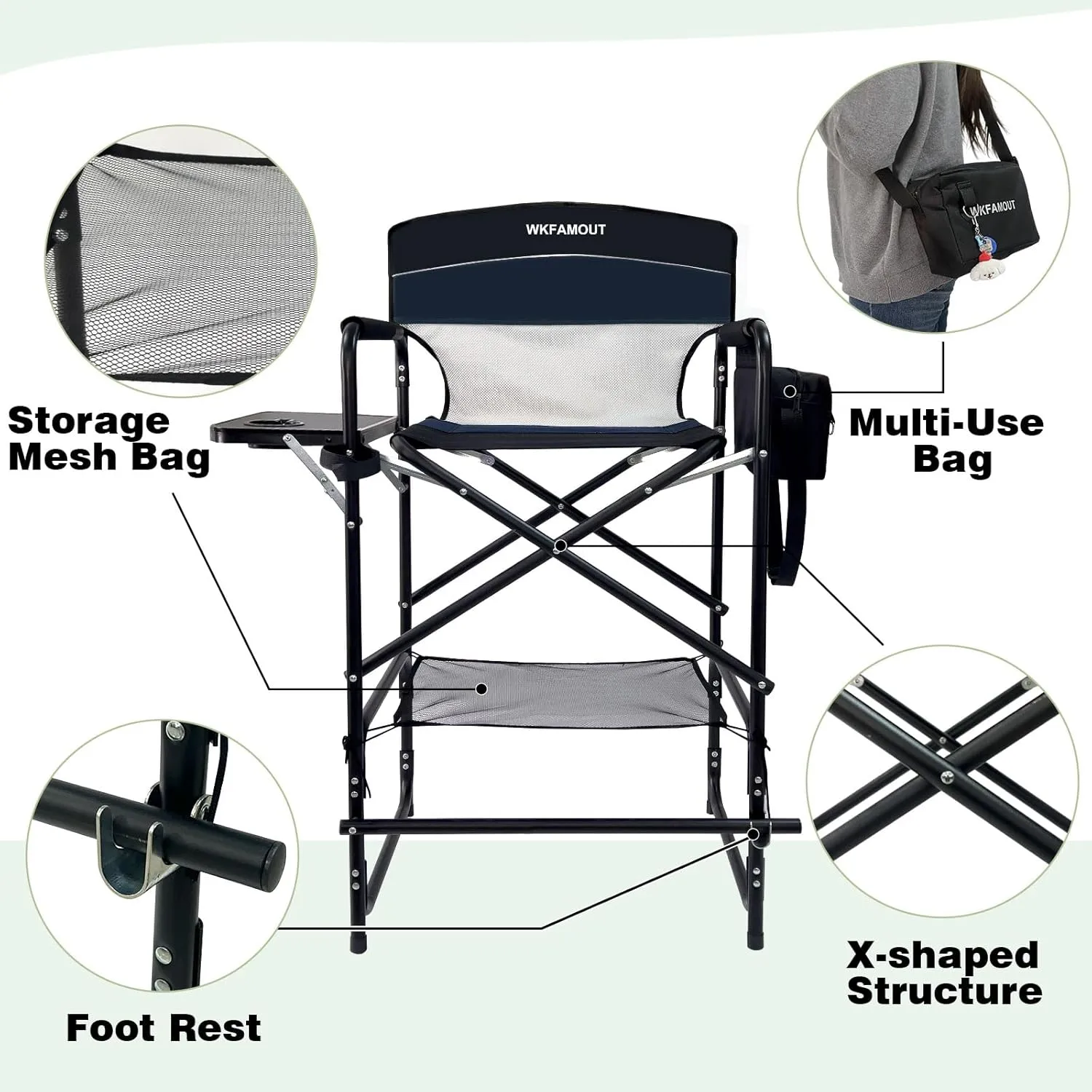 Tall Folding Director Chair 30.7" Seat Height Foldable Bar Stool for Makeup Artist Face Painting with Side Table Carry Bag and Cosmetic Bag Supports 350LBS