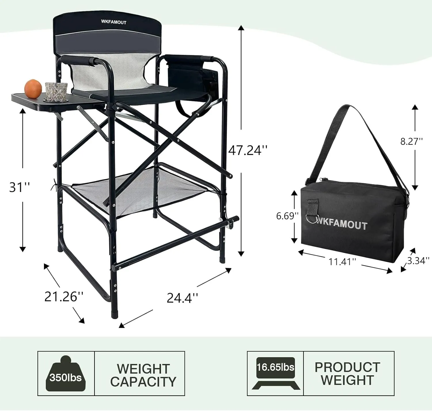 Tall Folding Director Chair 30.7" Seat Height Foldable Bar Stool for Makeup Artist Face Painting with Side Table Carry Bag and Cosmetic Bag Supports 350LBS