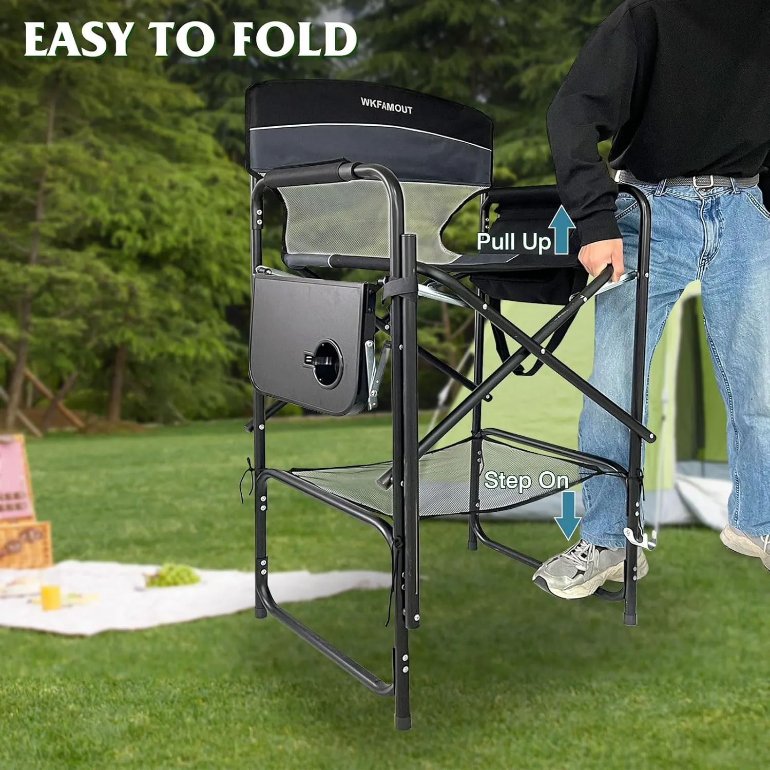 Tall Folding Director Chair 30.7" Seat Height Foldable Bar Stool for Makeup Artist Face Painting with Side Table Carry Bag and Cosmetic Bag Supports 350LBS