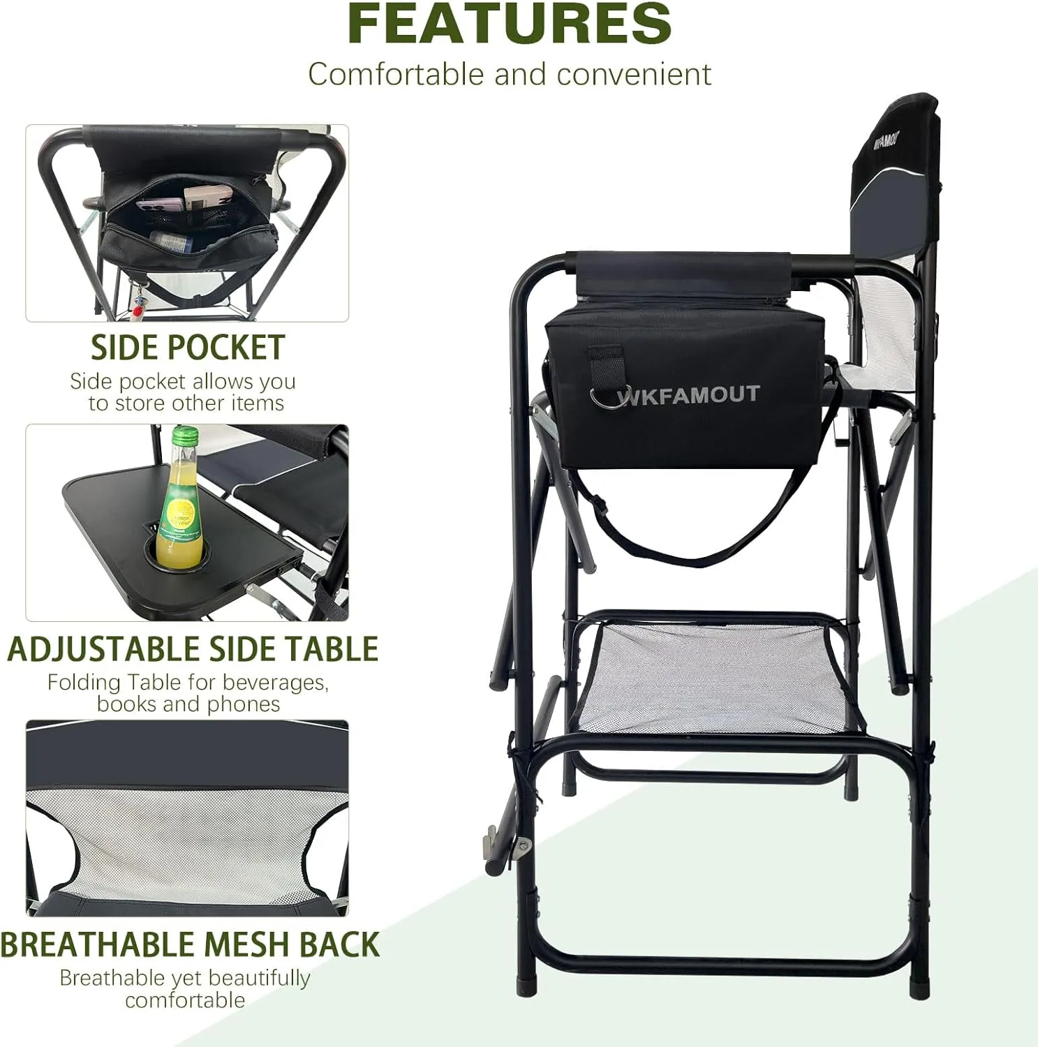 Tall Folding Director Chair 30.7" Seat Height Foldable Bar Stool for Makeup Artist Face Painting with Side Table Carry Bag and Cosmetic Bag Supports 350LBS