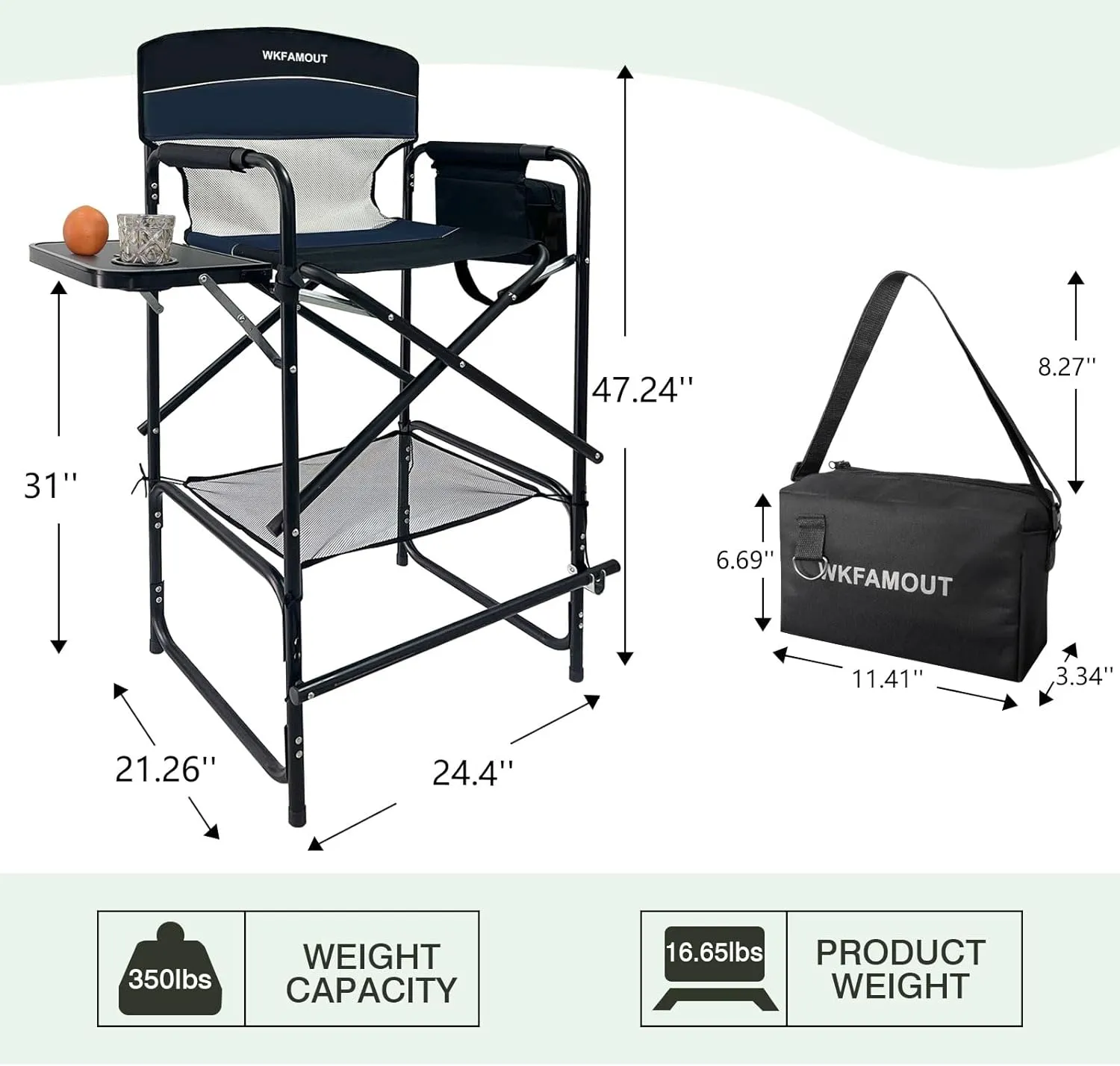 Tall Folding Director Chair 30.7" Seat Height Foldable Bar Stool for Makeup Artist Face Painting with Side Table Carry Bag and Cosmetic Bag Supports 350LBS