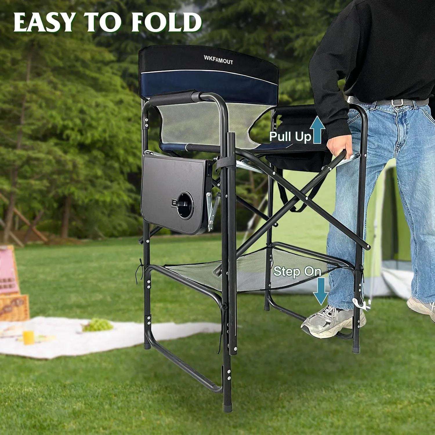 Tall Folding Director Chair 30.7" Seat Height Foldable Bar Stool for Makeup Artist Face Painting with Side Table Carry Bag and Cosmetic Bag Supports 350LBS
