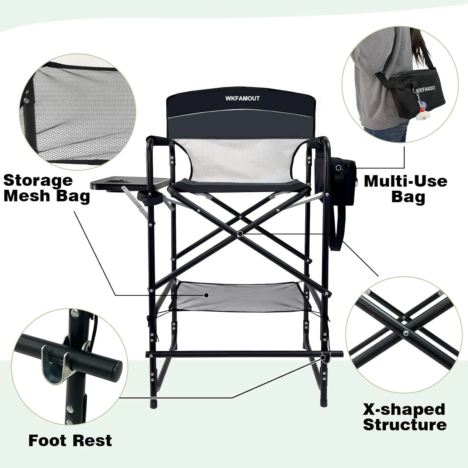 Tall Folding Director Chair 30.7" Seat Height Foldable Bar Stool for Makeup Artist Face Painting with Side Table Carry Bag and Cosmetic Bag Supports 350LBS