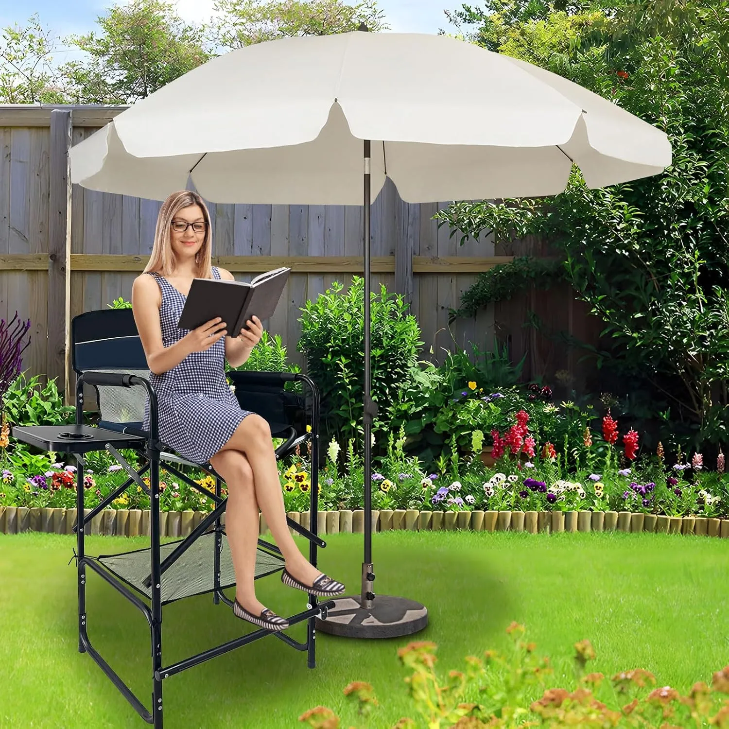 Tall Folding Director Chair 30.7" Seat Height Foldable Bar Stool for Makeup Artist Face Painting with Side Table Carry Bag and Cosmetic Bag Supports 350LBS