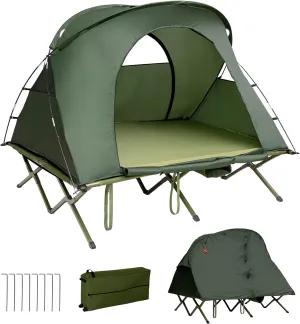 Tangkula 2-Person Tent Cot, 4-in-1 Folding Tent with Waterproof Rainfly, Self-Inflating Mattress & Roller Carrying Bag, Portable Off Ground Elevated Tent with Shoe Storage Pocket & Lamp Hook