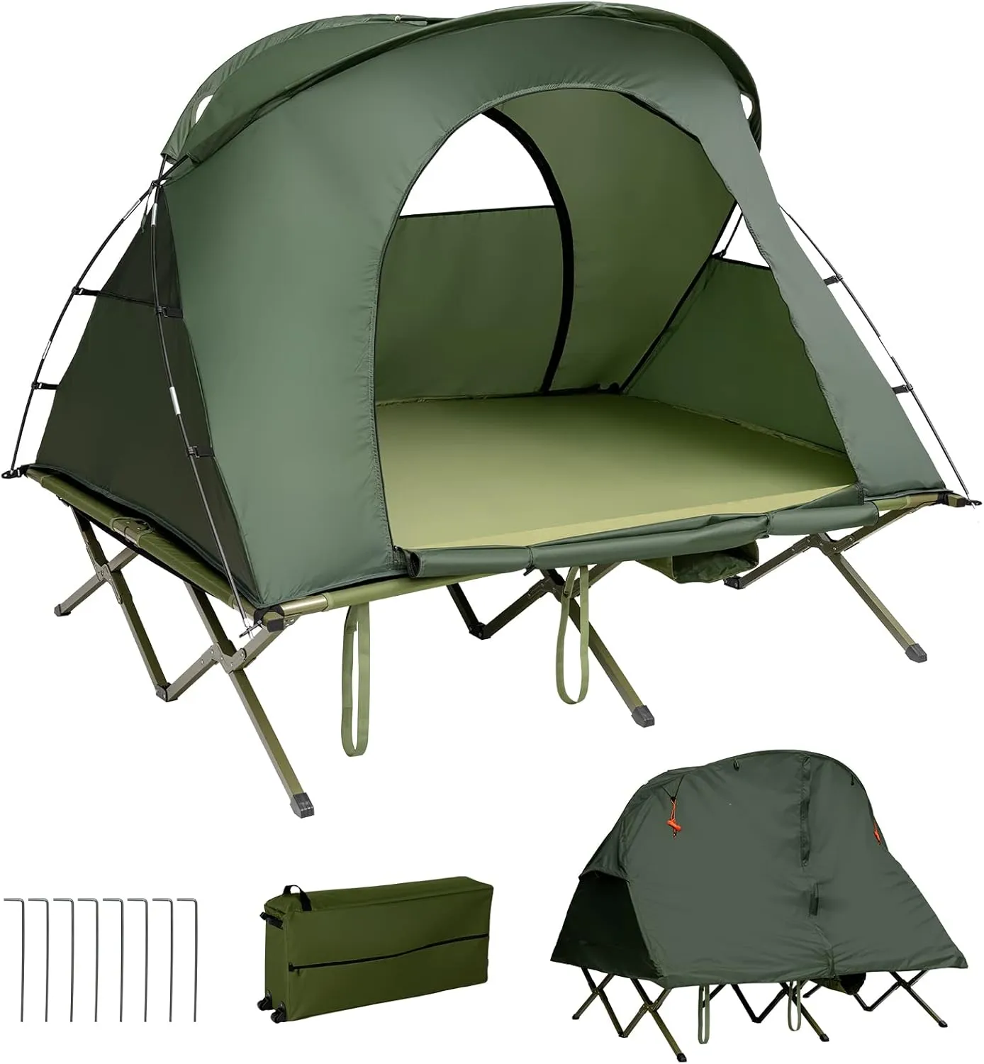 Tangkula 2-Person Tent Cot, 4-in-1 Folding Tent with Waterproof Rainfly, Self-Inflating Mattress & Roller Carrying Bag, Portable Off Ground Elevated Tent with Shoe Storage Pocket & Lamp Hook