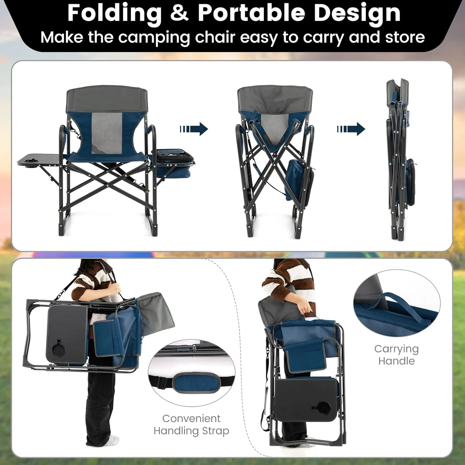 Tangkula Camping Chairs, Folding Camp Chair with Side Table, Cooler Bag, Portable Outside Padded Lawn Chair for Travel, Picnic, Fishing, Heavy Duty Oversized Director Chair for Adults, Supports 400lbs