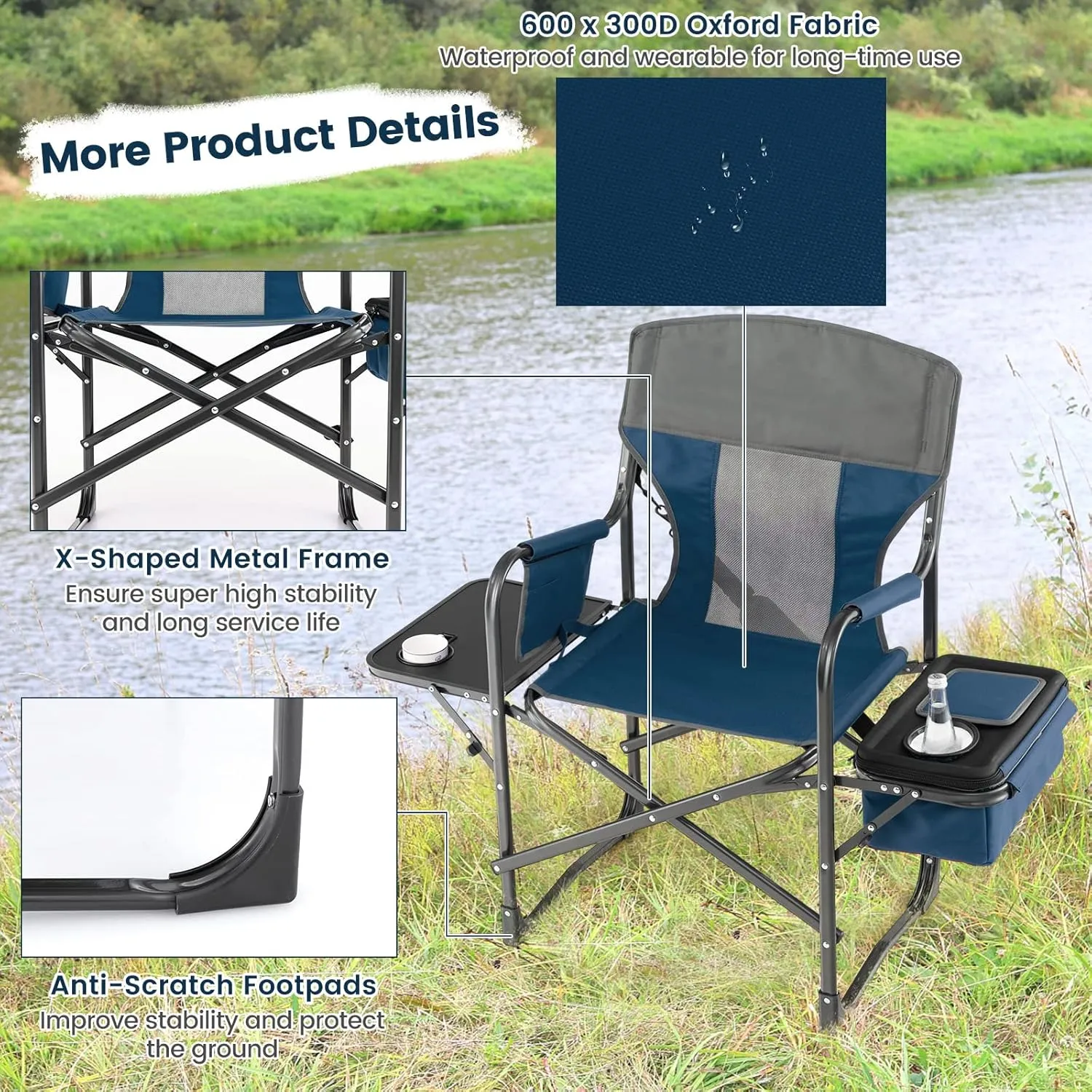 Tangkula Camping Chairs, Folding Camp Chair with Side Table, Cooler Bag, Portable Outside Padded Lawn Chair for Travel, Picnic, Fishing, Heavy Duty Oversized Director Chair for Adults, Supports 400lbs