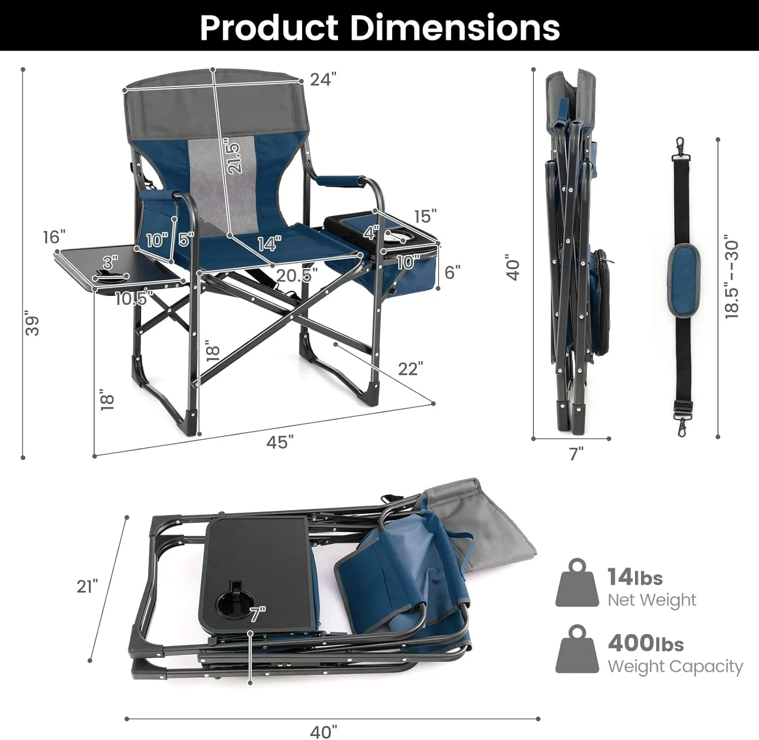 Tangkula Camping Chairs, Folding Camp Chair with Side Table, Cooler Bag, Portable Outside Padded Lawn Chair for Travel, Picnic, Fishing, Heavy Duty Oversized Director Chair for Adults, Supports 400lbs