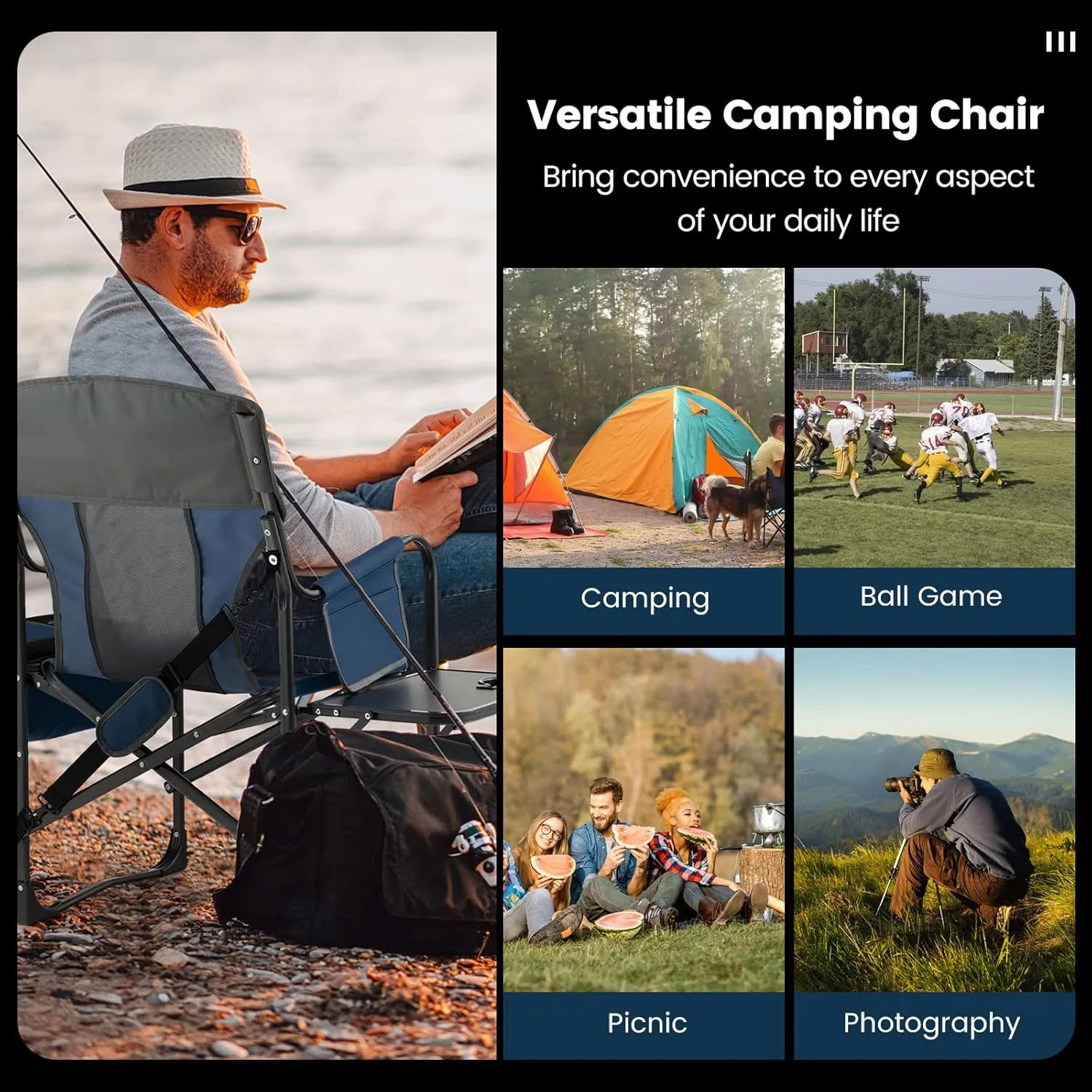 Tangkula Camping Chairs, Folding Camp Chair with Side Table, Cooler Bag, Portable Outside Padded Lawn Chair for Travel, Picnic, Fishing, Heavy Duty Oversized Director Chair for Adults, Supports 400lbs