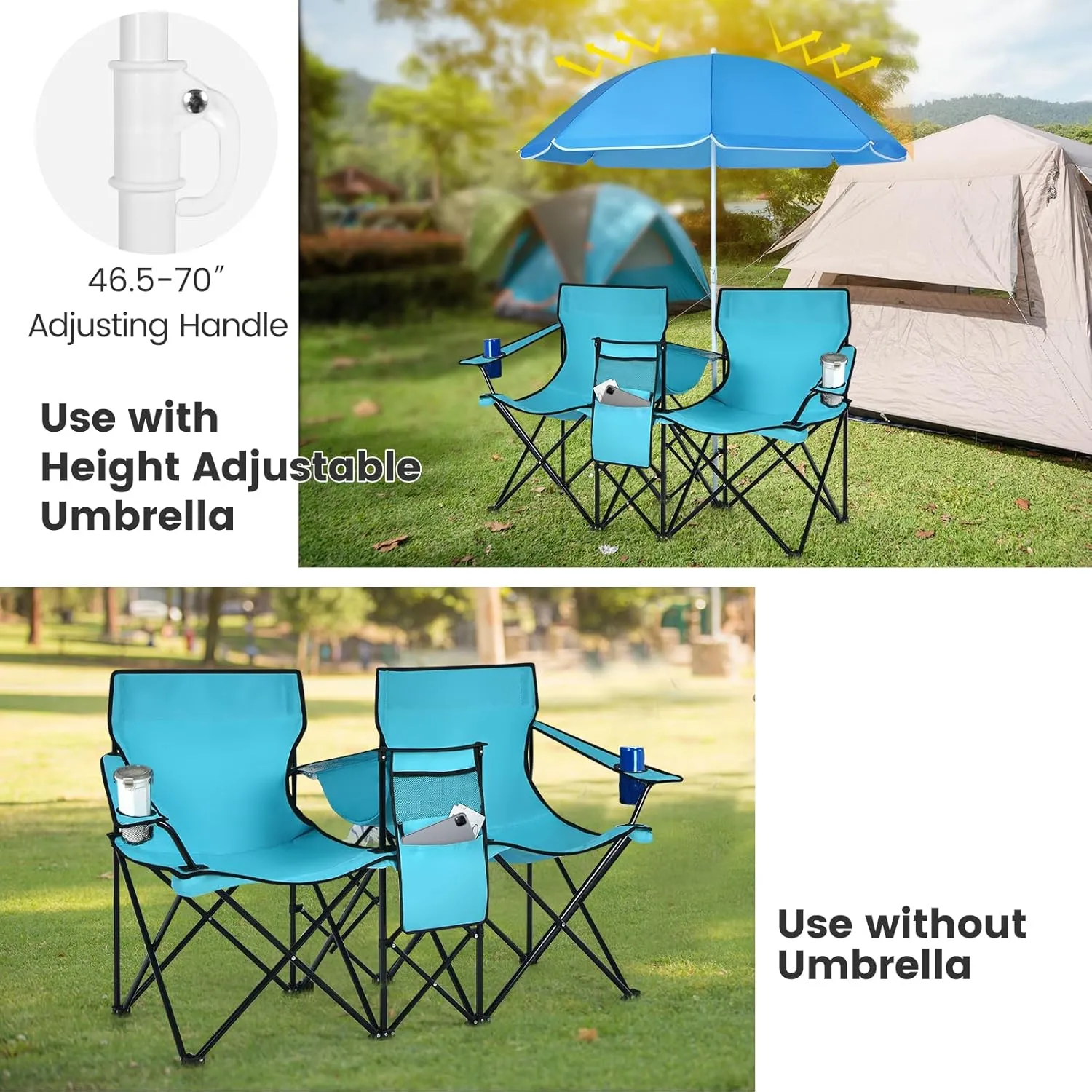Tangkula Double Camping Chairs with Umbrella, Portable 2 Seat Folding Camp Chair with Cooler Bag, Beverage Holder, Carrying Bag, Foldable Lawn Chair for Outside, Fishing, Picnic,Beach