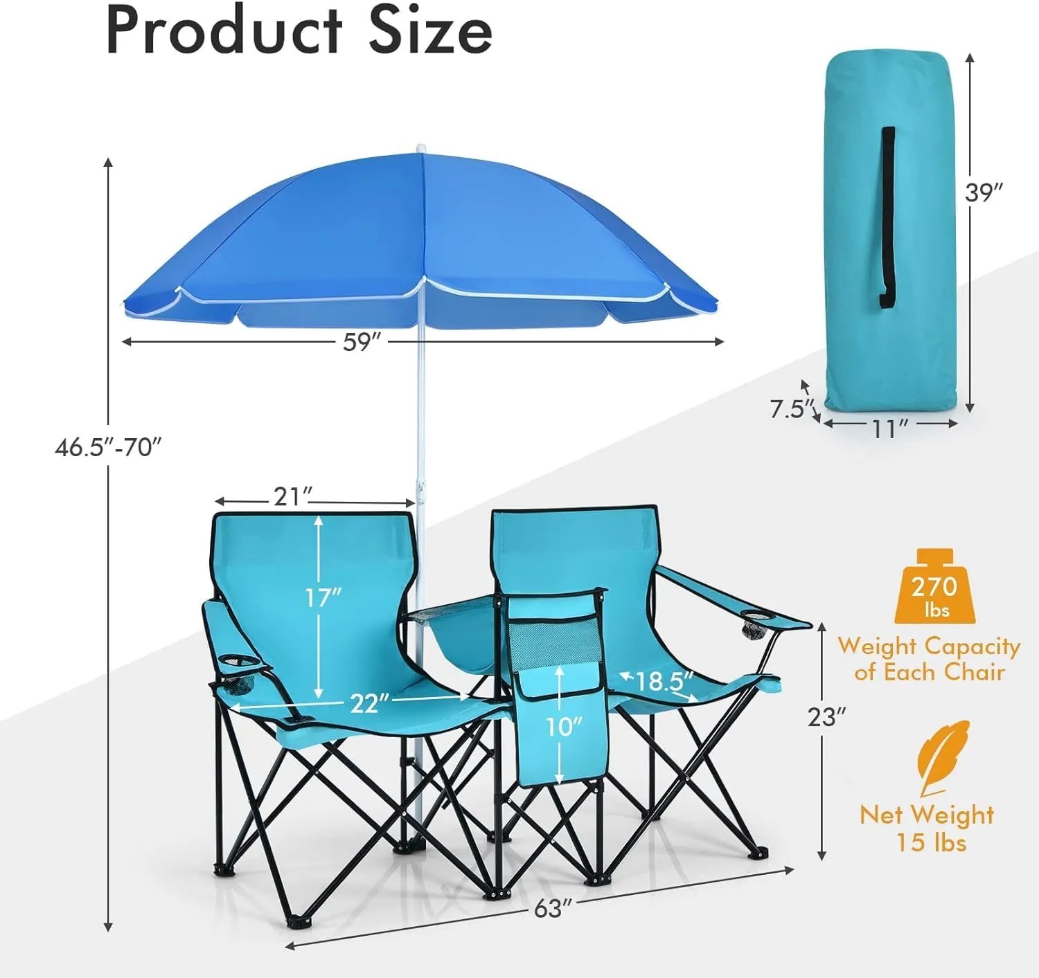 Tangkula Double Camping Chairs with Umbrella, Portable 2 Seat Folding Camp Chair with Cooler Bag, Beverage Holder, Carrying Bag, Foldable Lawn Chair for Outside, Fishing, Picnic,Beach