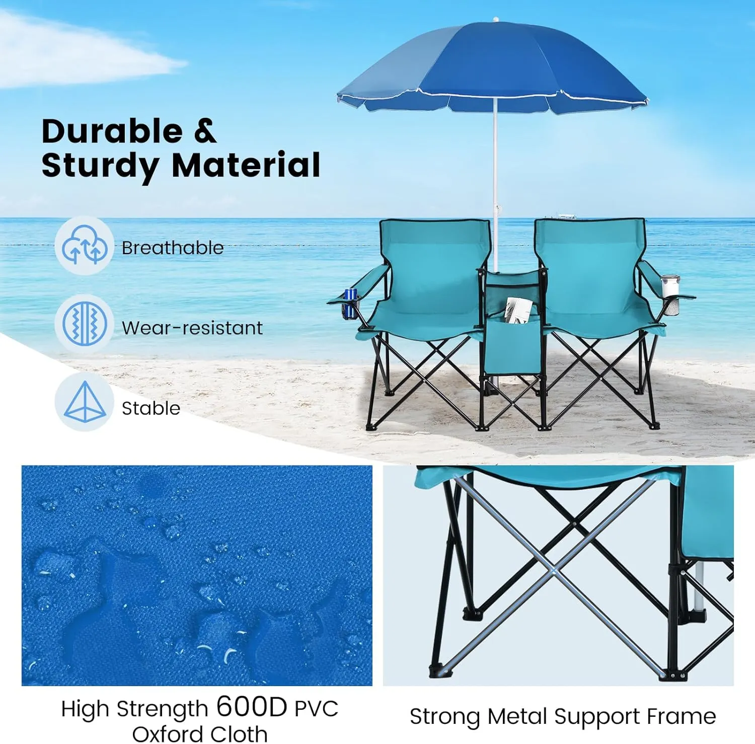 Tangkula Double Camping Chairs with Umbrella, Portable 2 Seat Folding Camp Chair with Cooler Bag, Beverage Holder, Carrying Bag, Foldable Lawn Chair for Outside, Fishing, Picnic,Beach