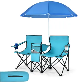 Tangkula Double Camping Chairs with Umbrella, Portable 2 Seat Folding Camp Chair with Cooler Bag, Beverage Holder, Carrying Bag, Foldable Lawn Chair for Outside, Fishing, Picnic,Beach