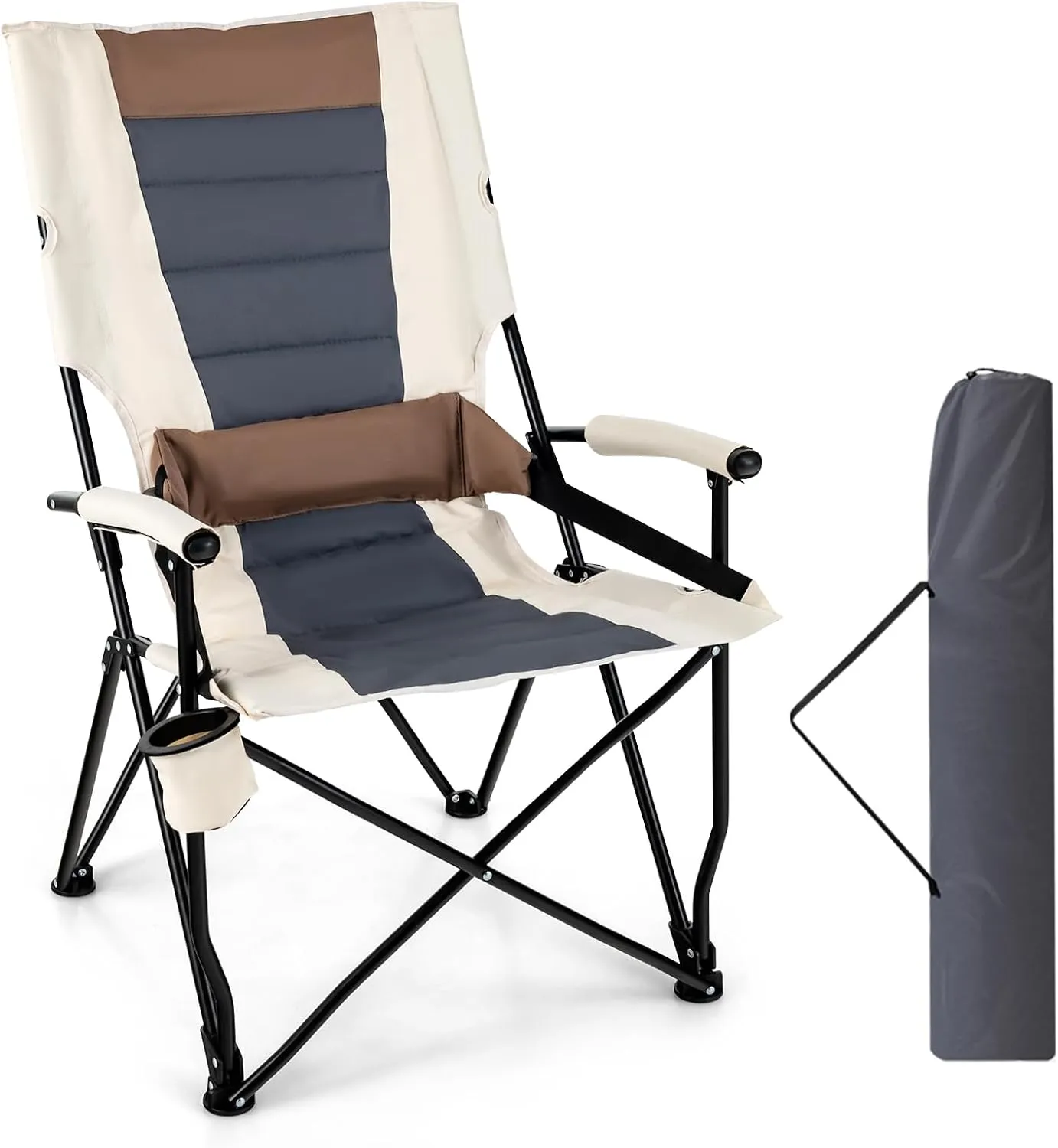 Tangkula Folding Camping Chair, Portable Lightweight Camp Chair with Lumbar Support, Padded Seat, Carrying Bag, Cup Holder, Outdoor Lawn Chair for Yard Fishing Travel, No Assembly Needed