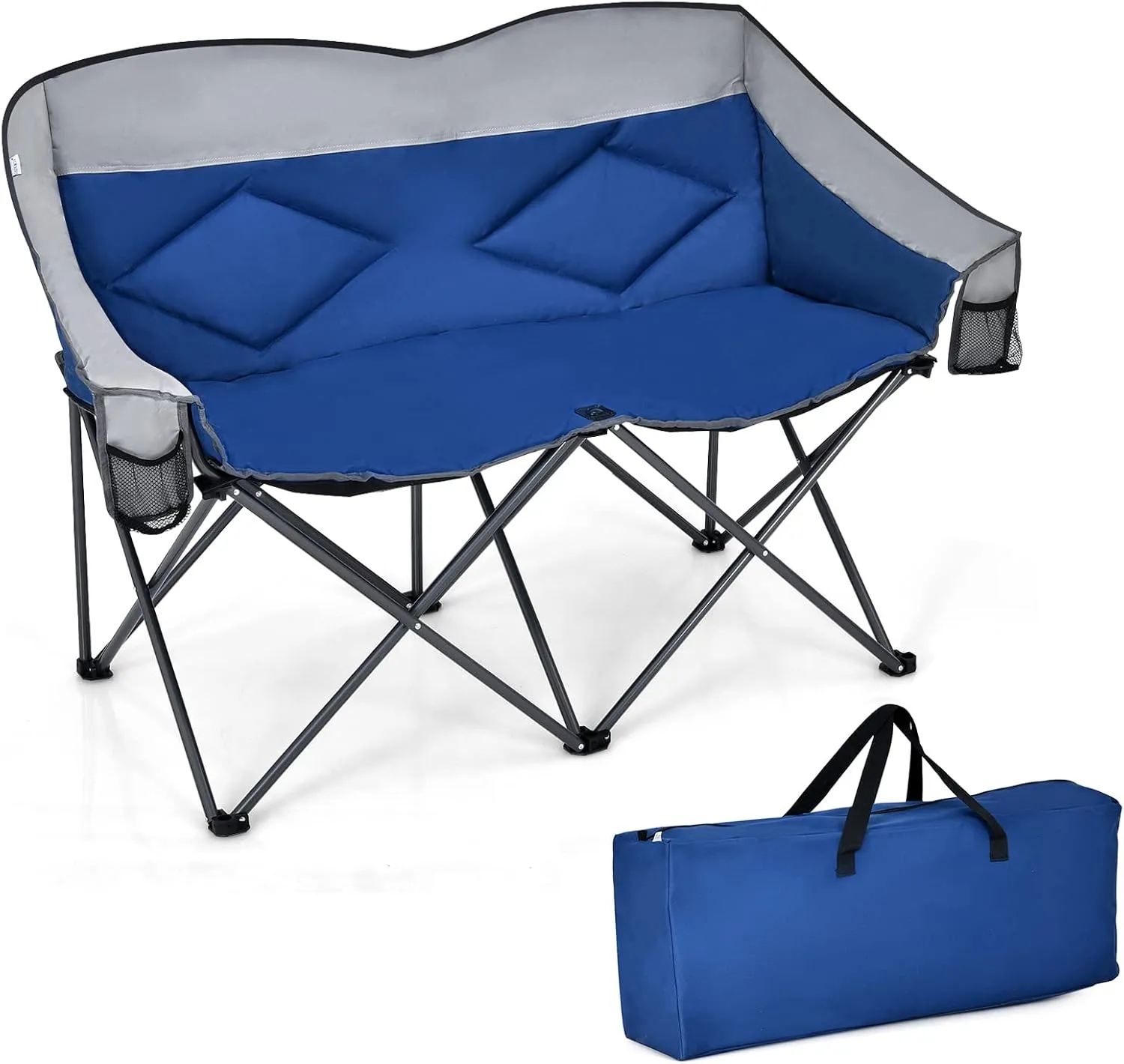 Tangkula Loveseat Camping Chair, Folding Camp Chair with Padded Seat, 2 Storage Pockets, Carrying Bag, Oversized Double Lawn Chair for Fishing Picnic Beach Travel, Supports 500lbs (Blue)