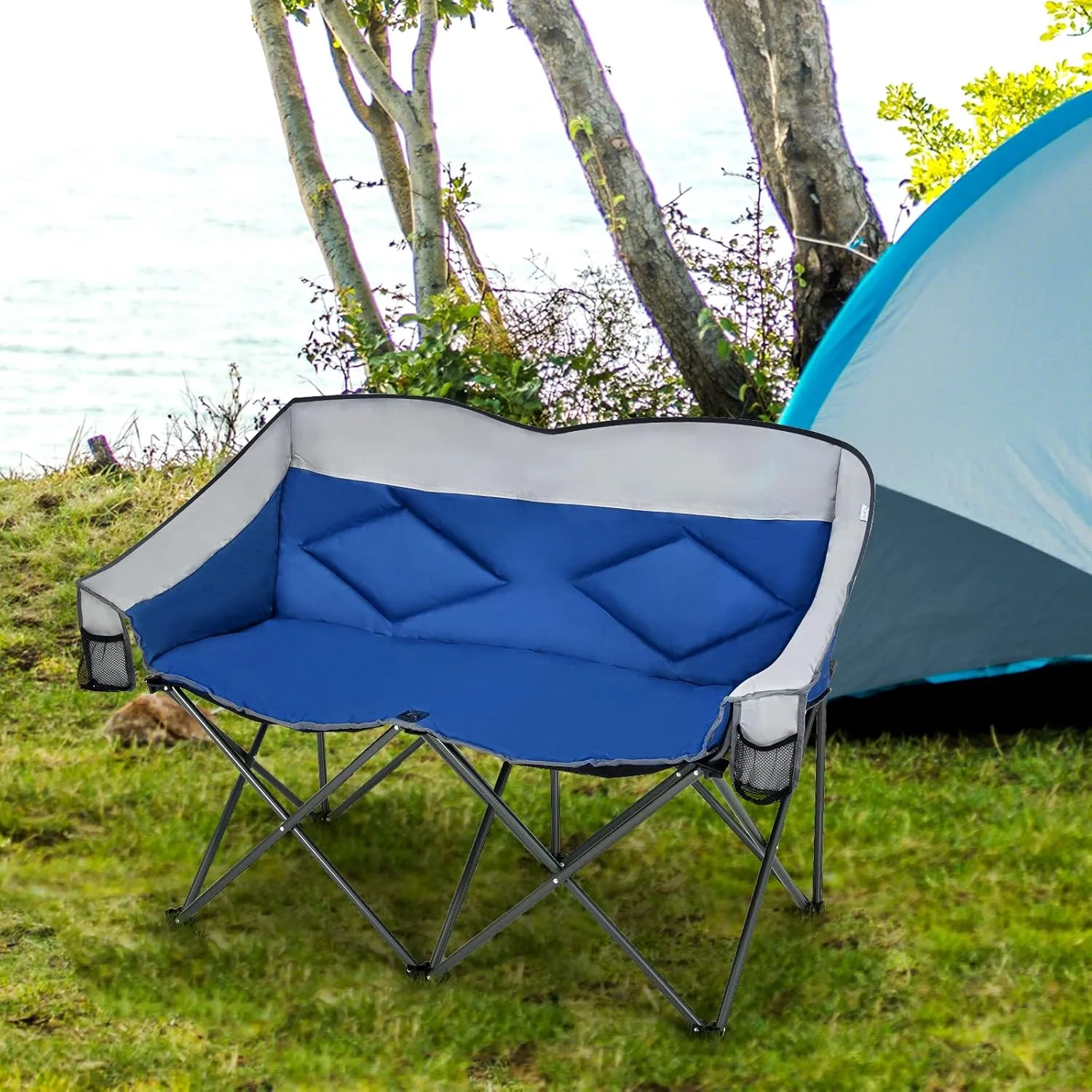 Tangkula Loveseat Camping Chair, Folding Camp Chair with Padded Seat, 2 Storage Pockets, Carrying Bag, Oversized Double Lawn Chair for Fishing Picnic Beach Travel, Supports 500lbs (Blue)