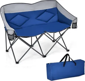 Tangkula Loveseat Camping Chair, Folding Camp Chair with Padded Seat, 2 Storage Pockets, Carrying Bag, Oversized Double Lawn Chair for Fishing Picnic Beach Travel, Supports 500lbs (Blue)
