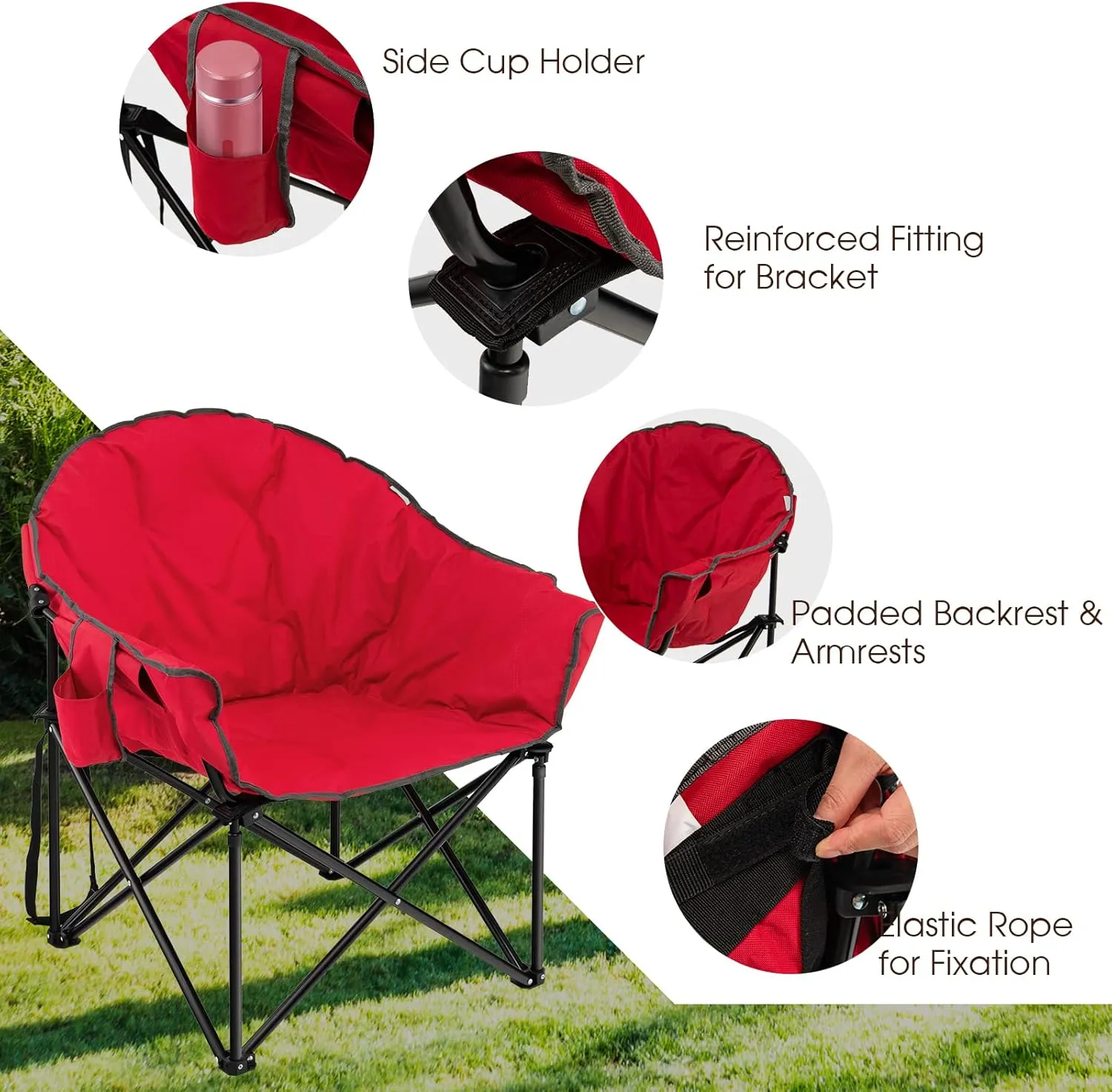 Tangkula Oversized Camping Chair, Outdoor Padded Folding Chair with Cup Holder, Moon Round Saucer Club Chair, Outside Foldable Camp Chair with Carry Bag for Picnic, Fishing, Hiking, Beach (1, Red)