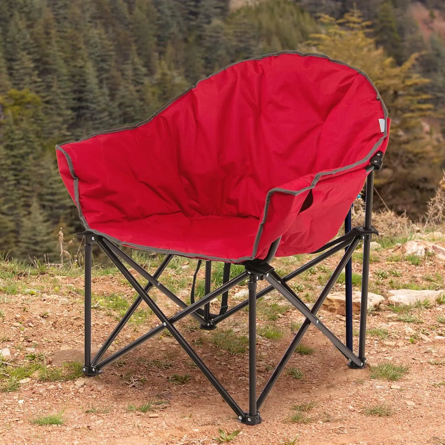 Tangkula Oversized Camping Chair, Outdoor Padded Folding Chair with Cup Holder, Moon Round Saucer Club Chair, Outside Foldable Camp Chair with Carry Bag for Picnic, Fishing, Hiking, Beach (1, Red)