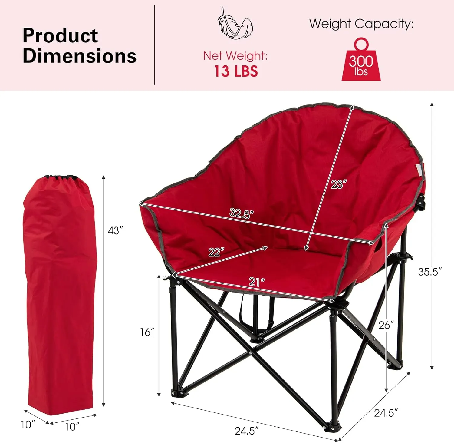 Tangkula Oversized Camping Chair, Outdoor Padded Folding Chair with Cup Holder, Moon Round Saucer Club Chair, Outside Foldable Camp Chair with Carry Bag for Picnic, Fishing, Hiking, Beach (1, Red)
