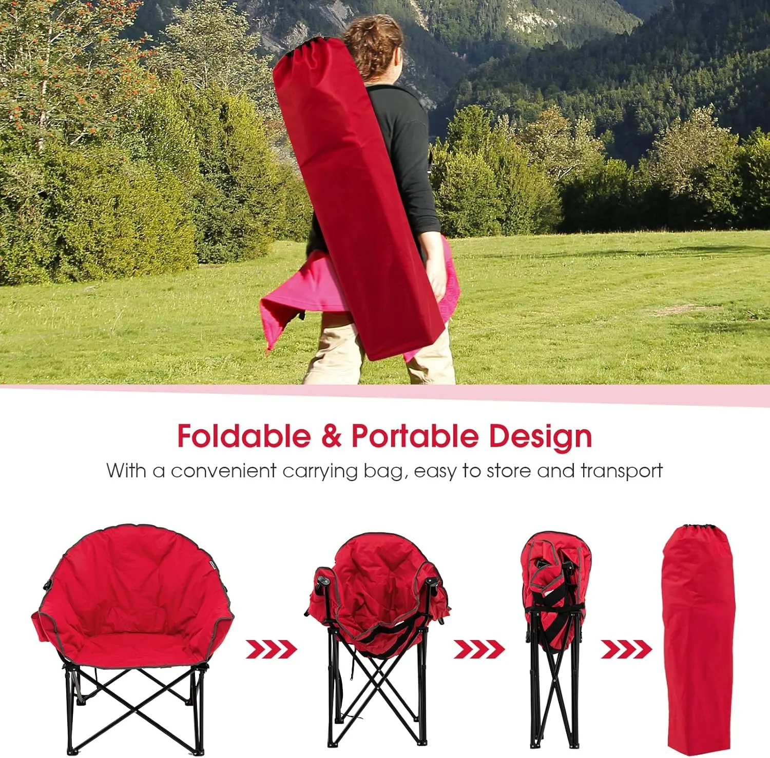 Tangkula Oversized Camping Chair, Outdoor Padded Folding Chair with Cup Holder, Moon Round Saucer Club Chair, Outside Foldable Camp Chair with Carry Bag for Picnic, Fishing, Hiking, Beach (1, Red)