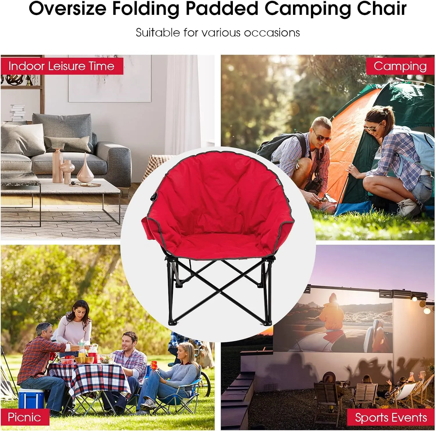 Tangkula Oversized Camping Chair, Outdoor Padded Folding Chair with Cup Holder, Moon Round Saucer Club Chair, Outside Foldable Camp Chair with Carry Bag for Picnic, Fishing, Hiking, Beach (1, Red)