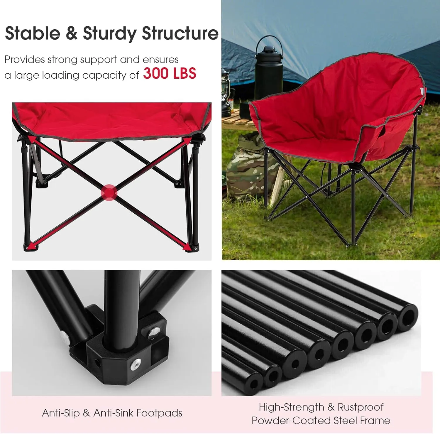 Tangkula Oversized Camping Chair, Outdoor Padded Folding Chair with Cup Holder, Moon Round Saucer Club Chair, Outside Foldable Camp Chair with Carry Bag for Picnic, Fishing, Hiking, Beach (1, Red)