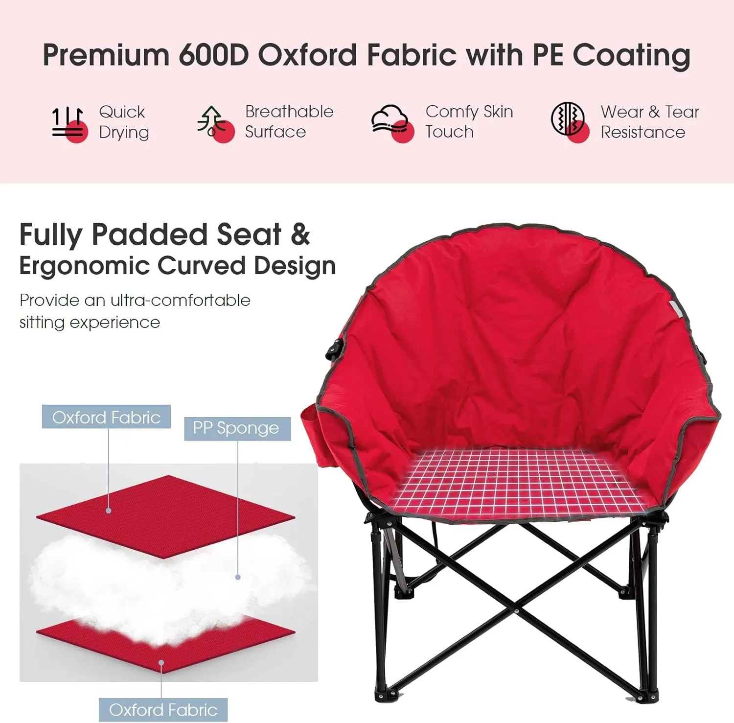 Tangkula Oversized Camping Chair, Outdoor Padded Folding Chair with Cup Holder, Moon Round Saucer Club Chair, Outside Foldable Camp Chair with Carry Bag for Picnic, Fishing, Hiking, Beach (1, Red)