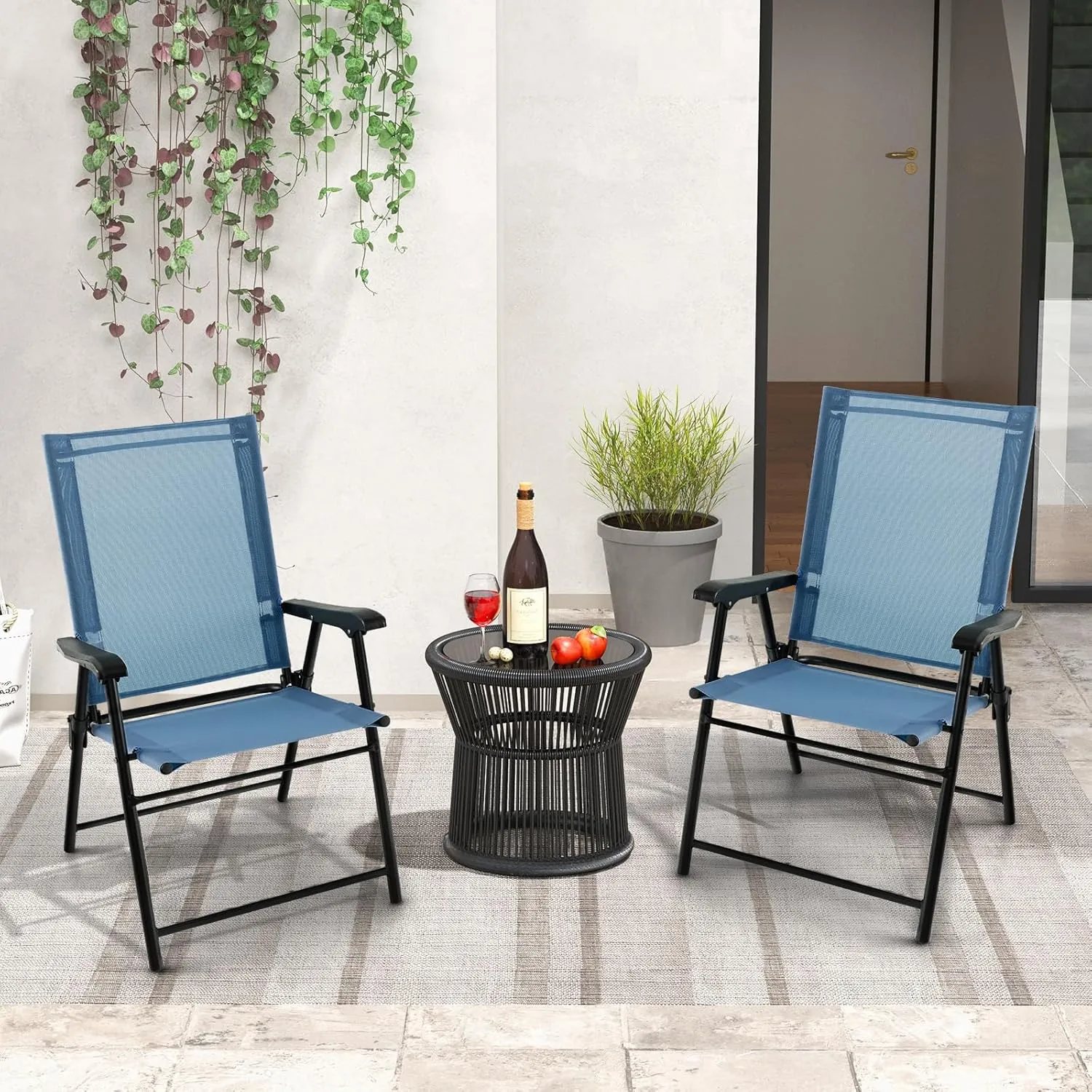 Tangkula Patio Folding Chairs Set of 4, Outdoor Sling Chairs with Breathable Fabric Back & Seat, Portable Dining Camping Chairs for Poolside, Yard, Garden, Deck, Lawn, Beach (Blue)
