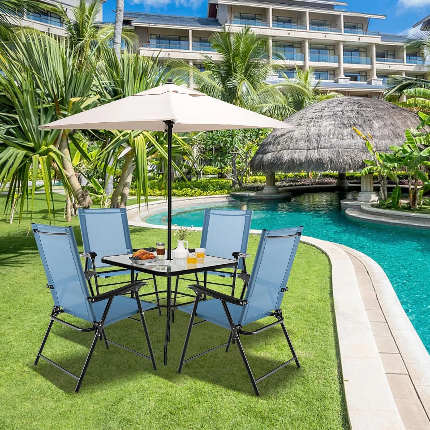 Tangkula Patio Folding Chairs Set of 4, Outdoor Sling Chairs with Breathable Fabric Back & Seat, Portable Dining Camping Chairs for Poolside, Yard, Garden, Deck, Lawn, Beach (Blue)