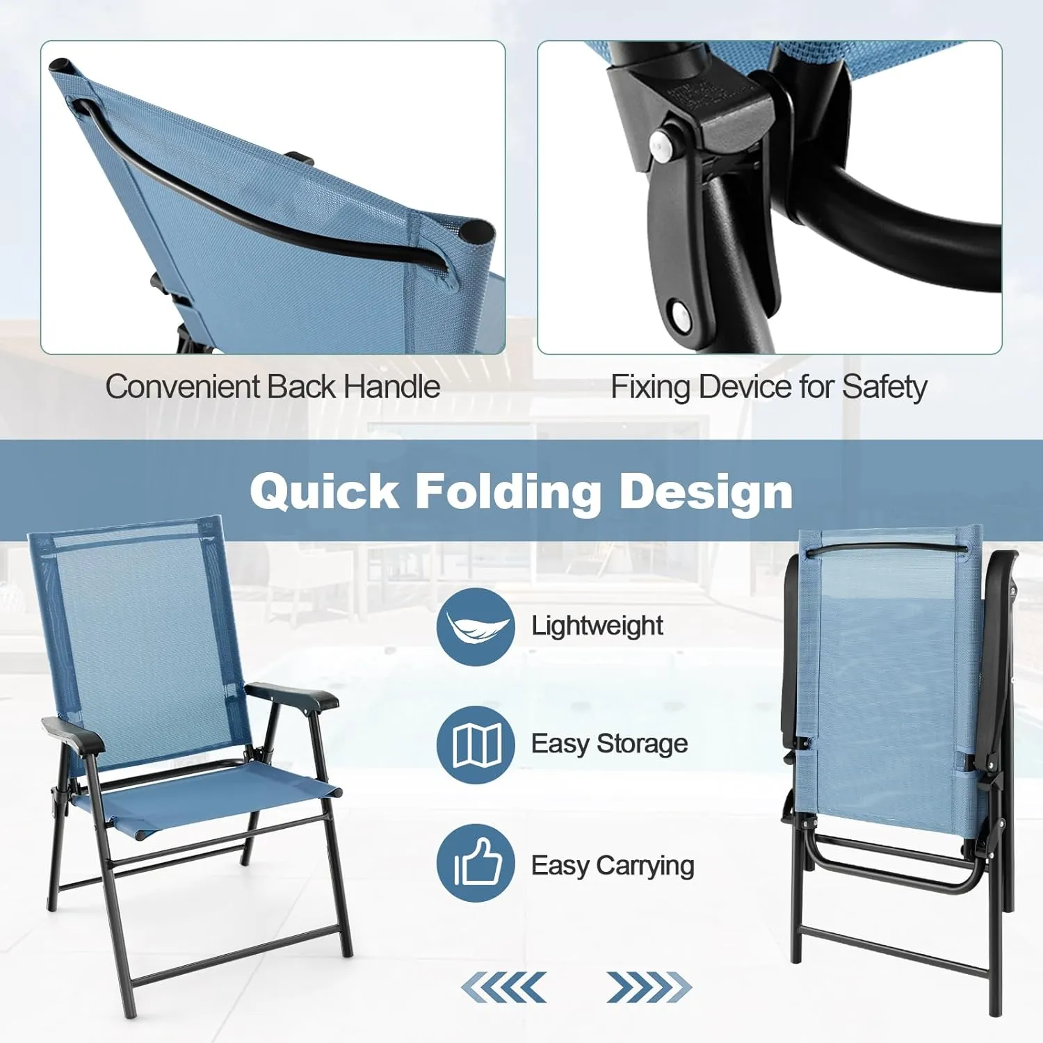 Tangkula Patio Folding Chairs Set of 4, Outdoor Sling Chairs with Breathable Fabric Back & Seat, Portable Dining Camping Chairs for Poolside, Yard, Garden, Deck, Lawn, Beach (Blue)