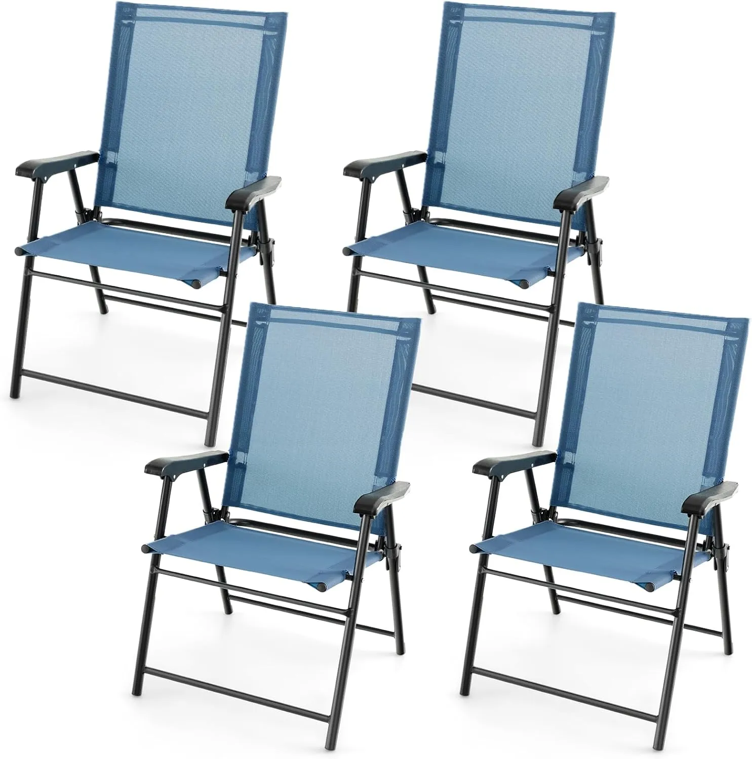 Tangkula Patio Folding Chairs Set of 4, Outdoor Sling Chairs with Breathable Fabric Back & Seat, Portable Dining Camping Chairs for Poolside, Yard, Garden, Deck, Lawn, Beach (Blue)