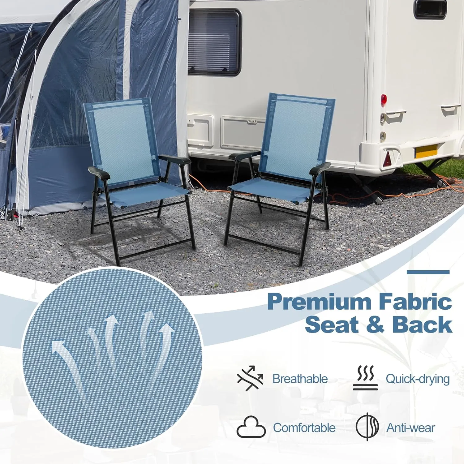 Tangkula Patio Folding Chairs Set of 4, Outdoor Sling Chairs with Breathable Fabric Back & Seat, Portable Dining Camping Chairs for Poolside, Yard, Garden, Deck, Lawn, Beach (Blue)