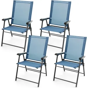 Tangkula Patio Folding Chairs Set of 4, Outdoor Sling Chairs with Breathable Fabric Back & Seat, Portable Dining Camping Chairs for Poolside, Yard, Garden, Deck, Lawn, Beach (Blue)
