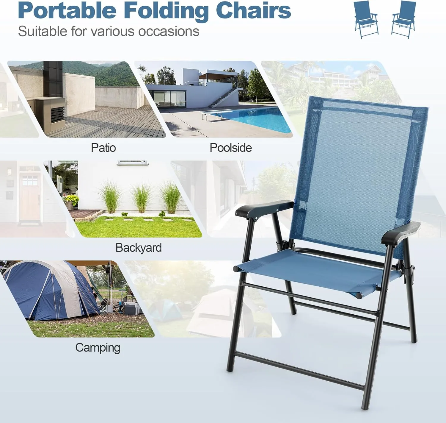 Tangkula Patio Folding Chairs Set of 4, Outdoor Sling Chairs with Breathable Fabric Back & Seat, Portable Dining Camping Chairs for Poolside, Yard, Garden, Deck, Lawn, Beach (Blue)