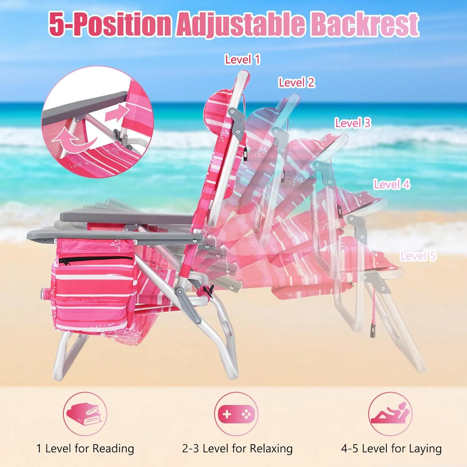 Tangkula Set of 4 Backpack Beach Chair, 5-Position Lay Flat Beach Chairs with Cooler Bag, 2 Cup Holders, Towel Bar, Lightweight Low Folding Beach Chair with Backpack Straps