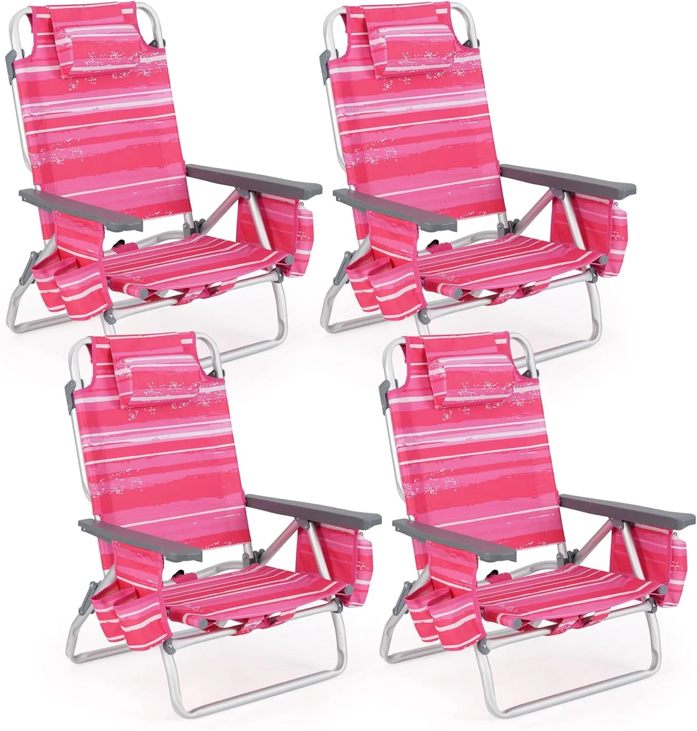 Tangkula Set of 4 Backpack Beach Chair, 5-Position Lay Flat Beach Chairs with Cooler Bag, 2 Cup Holders, Towel Bar, Lightweight Low Folding Beach Chair with Backpack Straps