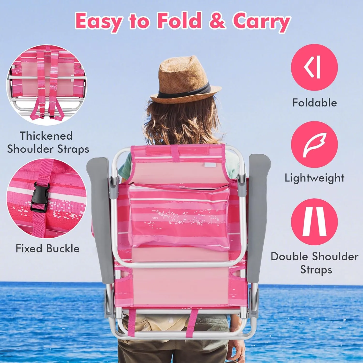 Tangkula Set of 4 Backpack Beach Chair, 5-Position Lay Flat Beach Chairs with Cooler Bag, 2 Cup Holders, Towel Bar, Lightweight Low Folding Beach Chair with Backpack Straps