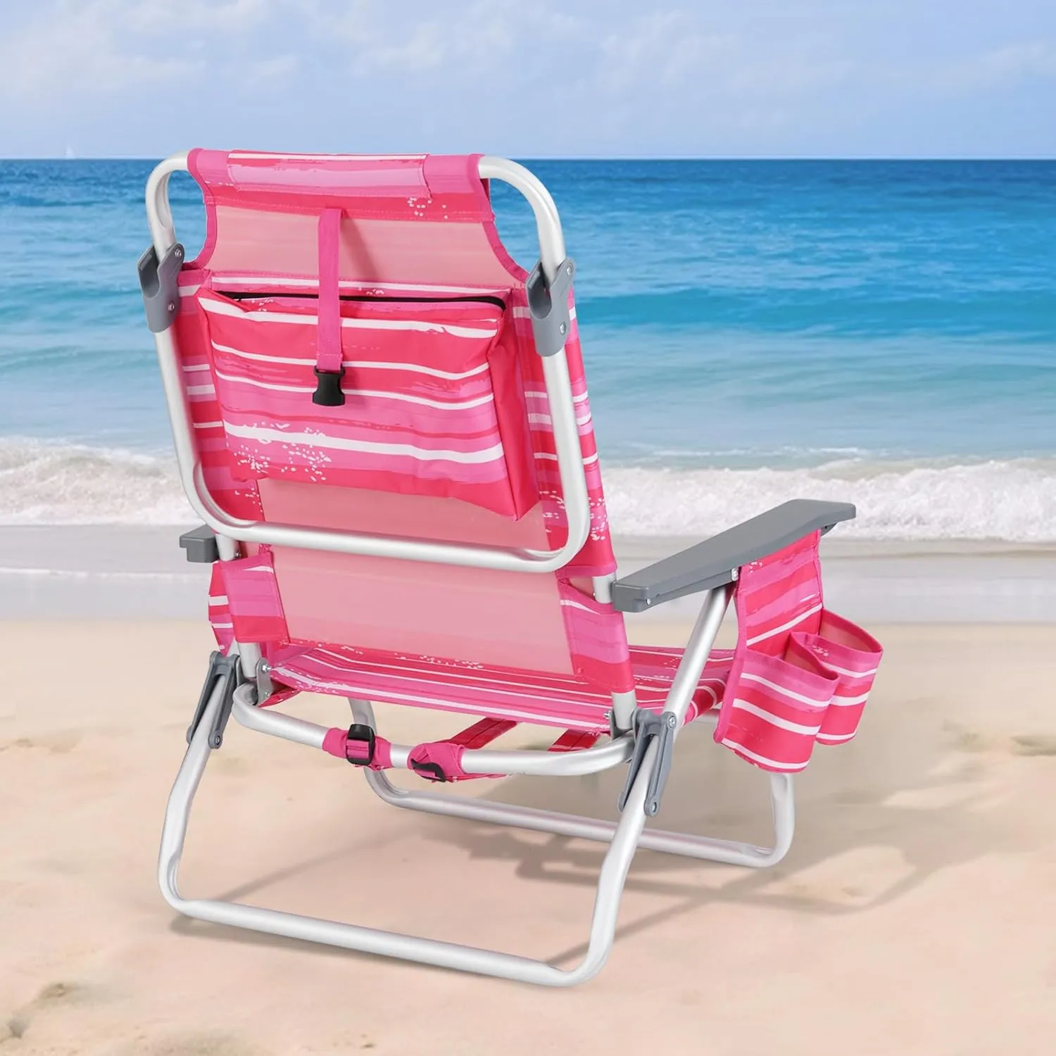 Tangkula Set of 4 Backpack Beach Chair, 5-Position Lay Flat Beach Chairs with Cooler Bag, 2 Cup Holders, Towel Bar, Lightweight Low Folding Beach Chair with Backpack Straps