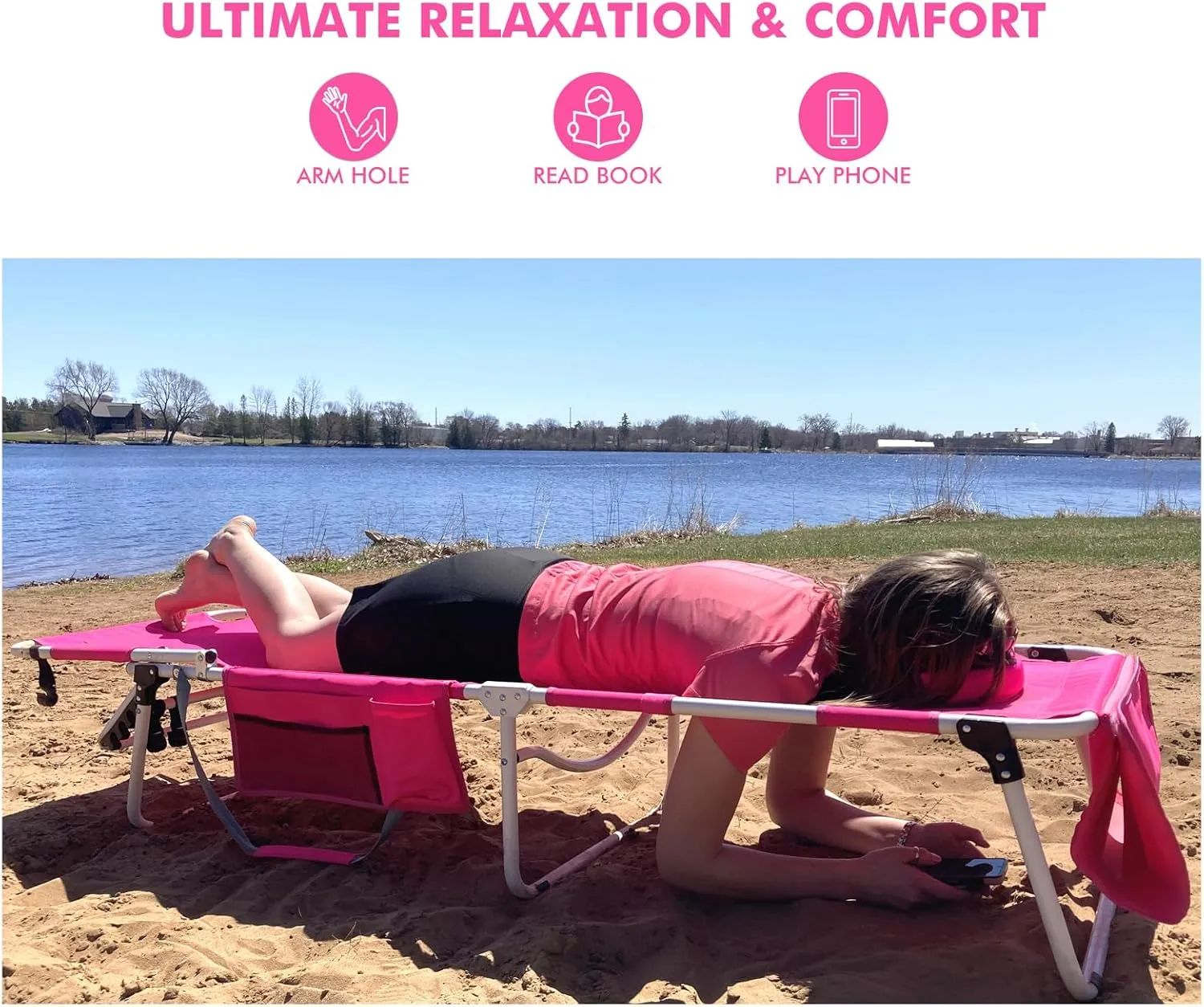 Tanning Chair with Face Hole, Heavy Duty Outside Lay Flat Portable Folding Chaise Lounge Chair, with Arm Hole for Reading Beach Poolside Patio Sunbathing Lawn, 300 LBS, Pink