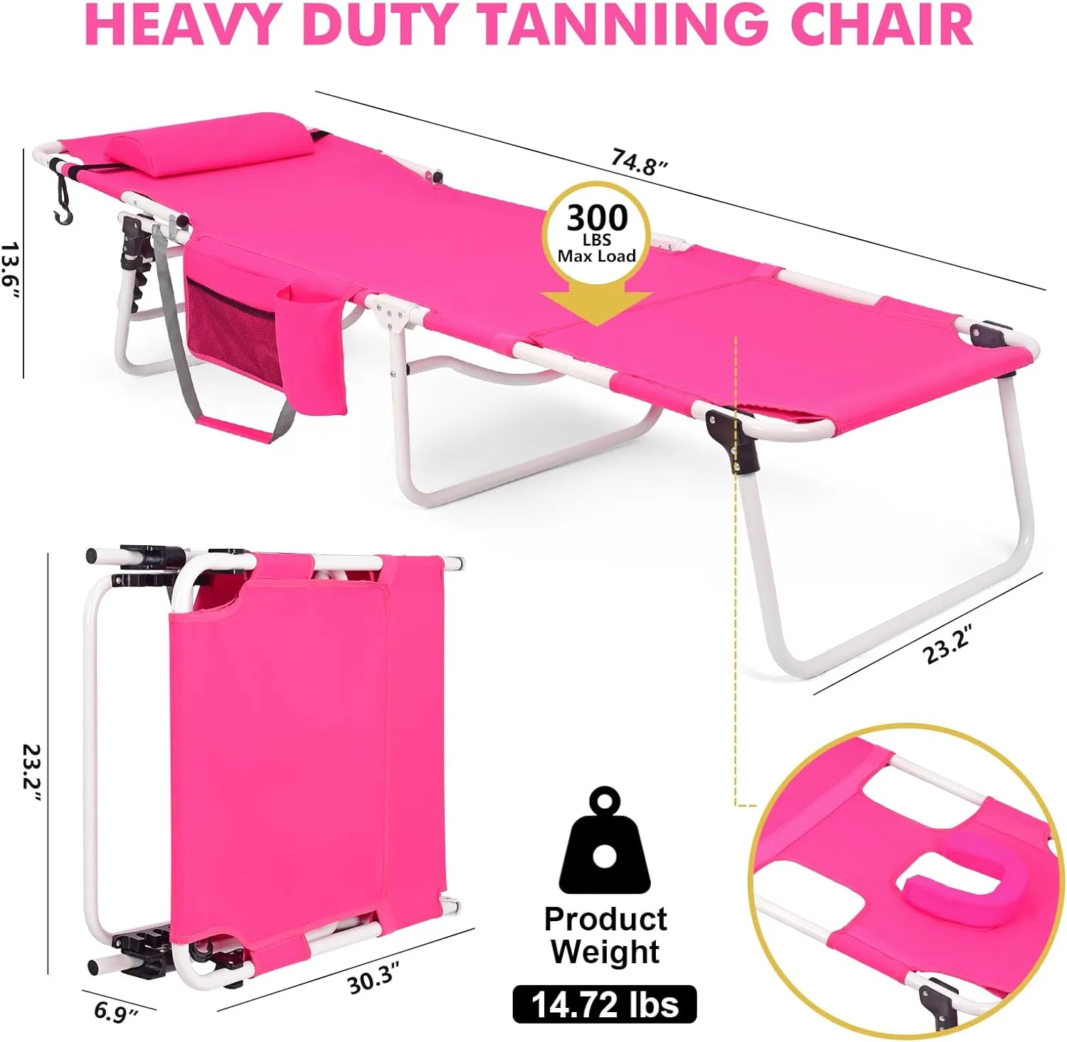 Tanning Chair with Face Hole, Heavy Duty Outside Lay Flat Portable Folding Chaise Lounge Chair, with Arm Hole for Reading Beach Poolside Patio Sunbathing Lawn, 300 LBS, Pink